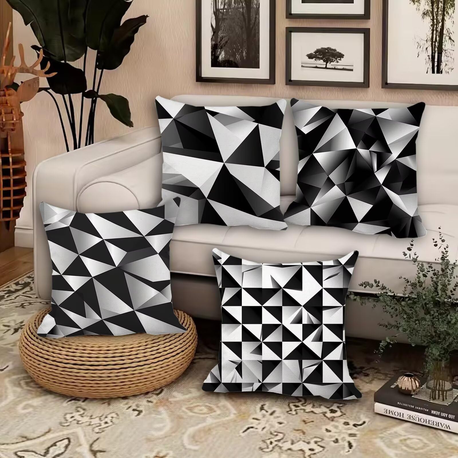 Juego de 4 cojines impermeables para exteriores, 24 x 24 pulgadas, fundas de almohada decorativas de doble cara para patio, jardín y sala de estar, diseño geométrico de verano