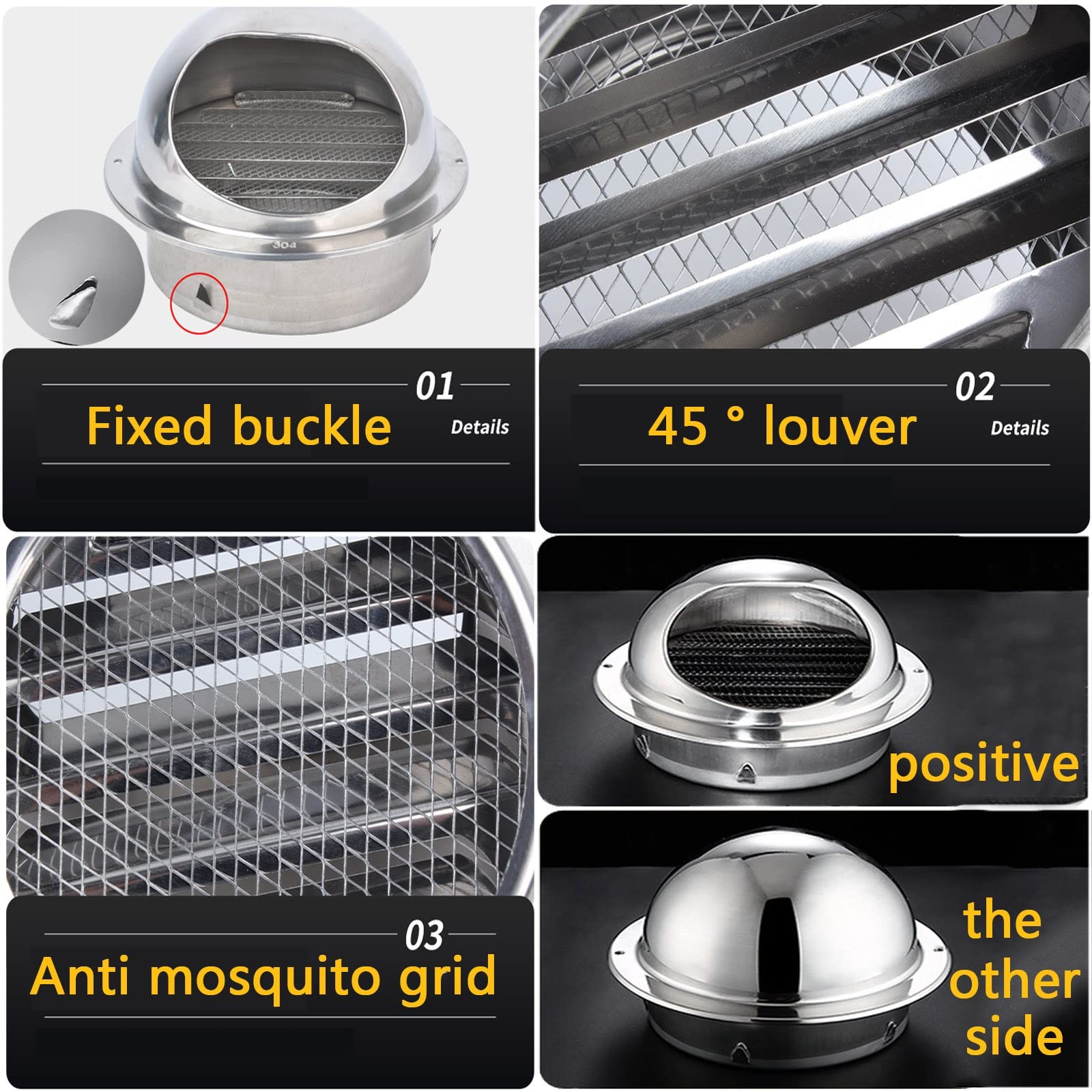 Durable Bouche De Sortie Ventilation Grille Mural Bouches D'aération Résistant Aux Intempéries Avec/Maille, Pour Bureau Salle De Bain, Grille D'aération Ronde En Acier Inoxydable 304 ( Color : Silver