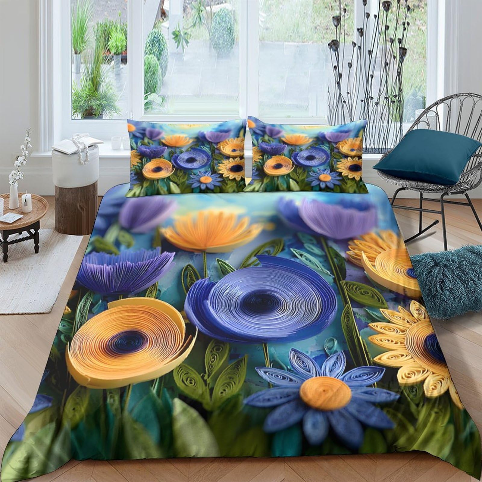 Ctjqhvkz Style-3 3D Printed Vibrant Blue Yellow Floral Fitted Sheet Microfiber Soft Breathable Sunflower Pattern Mattress Cover For Bedroom Dorm Decor Single（135X200cm）