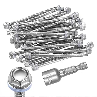 30 Stück Selbstschneidende Schrauben Edelstahl 401 Trapezblechschrauben mit Dichtung, M6,3x100mm Bohrschrauben mit Dichtscheibe, Sechskant Spenglerschrauben,mit 10mm Steckschlüssel