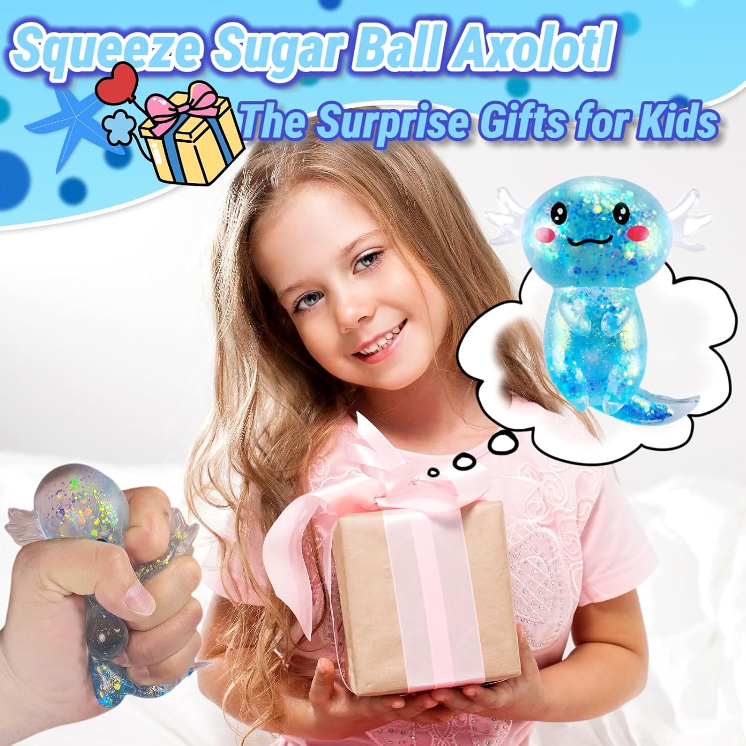 Blue Axolotl Squishy Ball Squeeze Toys for Kids, Axolotl Sugar Squeeze Fidget Balls Stress Relief Toys for Adults, Surprise Gift for Girls, Boys, Classroom Prizes, Easter Basket Stuffers