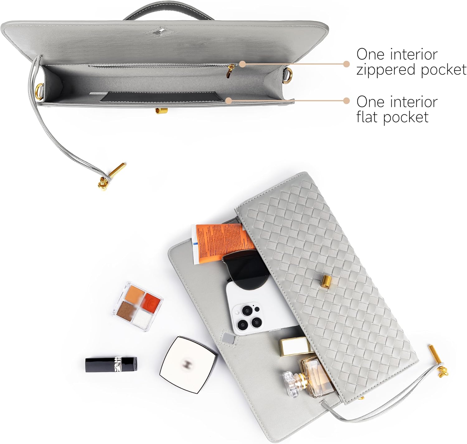 Joryin Woven Purse For Women Evening Clutch Woven Leather Handbags Crossbody Bag Suede Purse Formal Evening Bag, Light Gray - Image 5