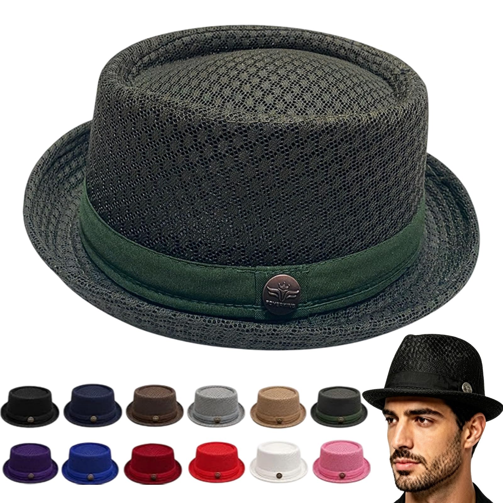 mondpfote Summer Breathable Mesh Pork Pie Hat, Men's Breathable Short Brim Fedora Cap, Classic Bowler Hat for Travel Party (Green)