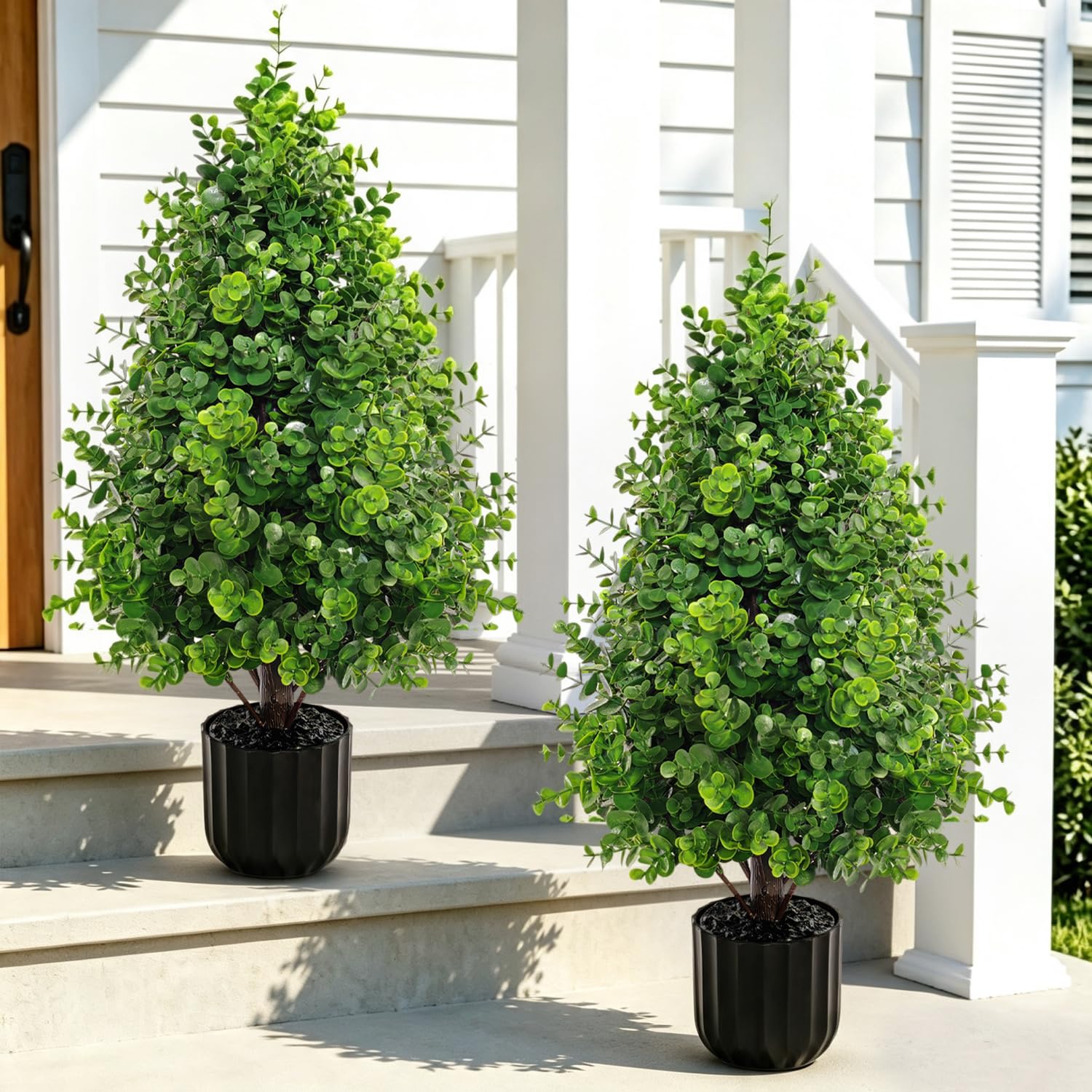 2 Stück Künstlicher Buchsbaum im Topf 70 cm, Buchsbaum Künstlich Outdoor Wetterfest UV-beständig, Realistische Kunstpflanzen für Haustür Eingang Terrasse Balkon Garten Wohnzimmer Büro