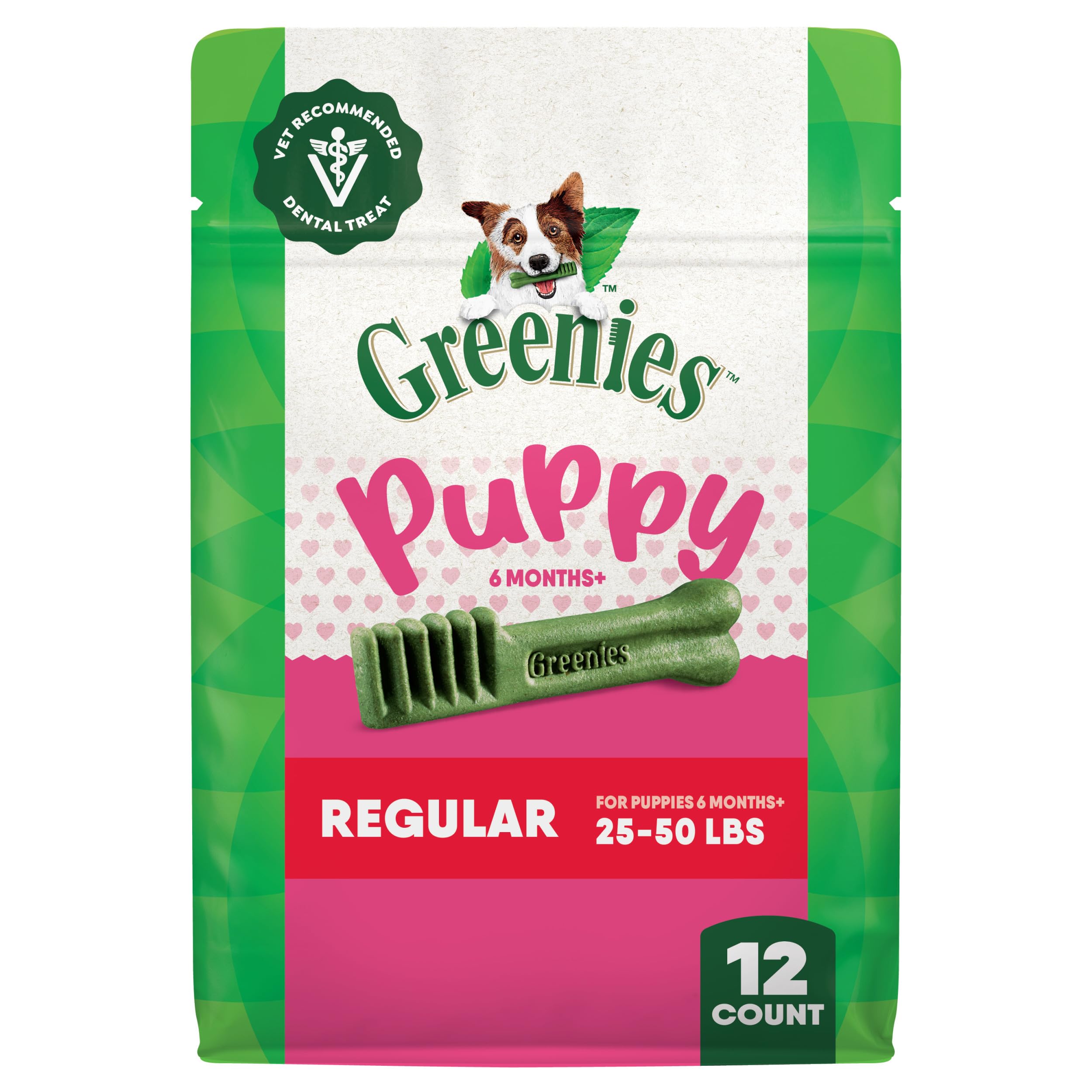 Greenies Dental Treats for Dogs, Veterinarian-Recommended Natural Puppy Treats Regular Size, 6 oz. Pack, 12 Count