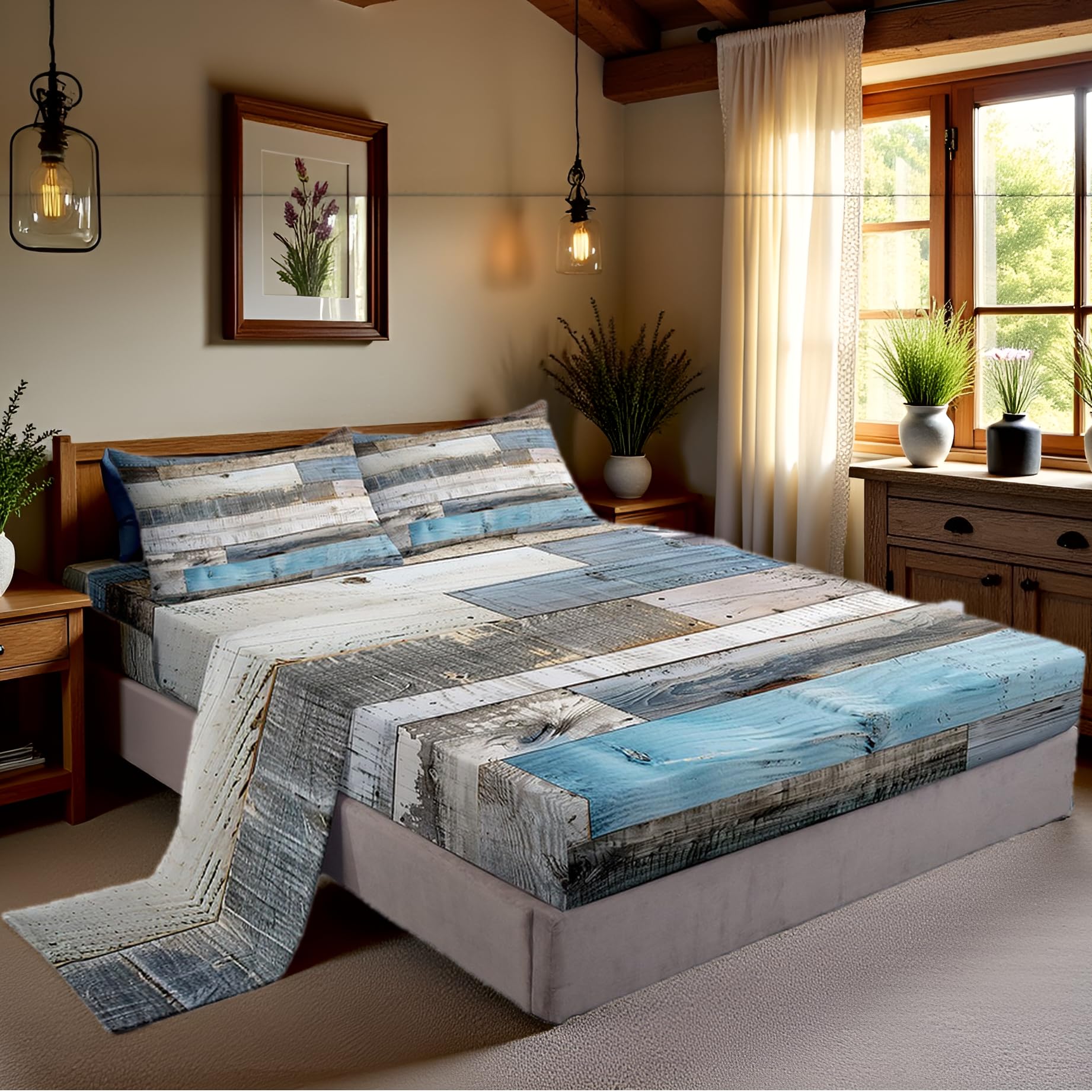 Castle Fairy Splicing Wooden Stripes Bed Sheet King Size,Western Farmhouse Style Sheets,Blue Grey Old Barn Door Bedding Sets (1 Fitted,1 Flat,2 Pillowcases) Luxury Deep Pocket Bed Sheets