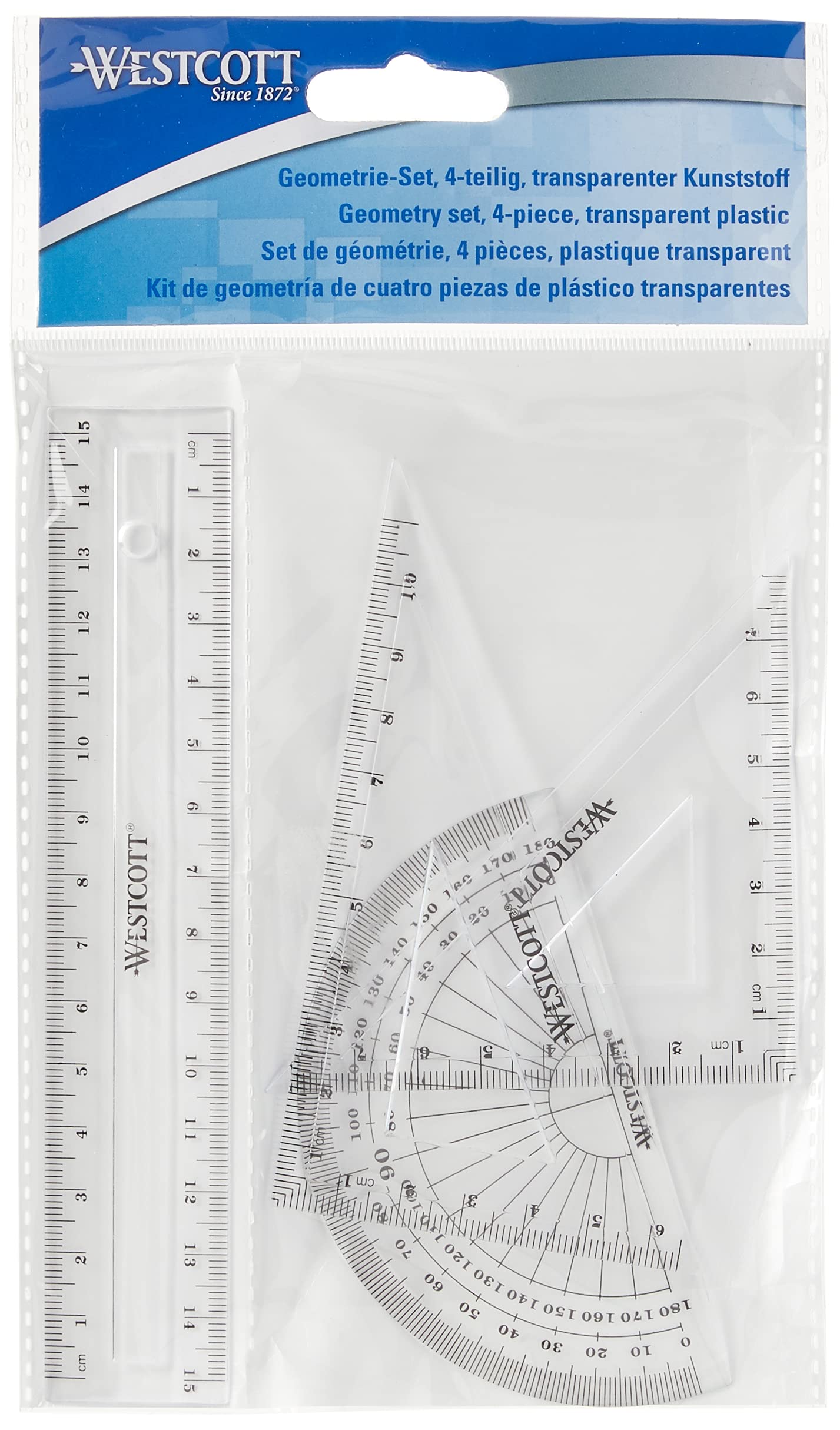 Westcott E-10303 Set matematica 4 pezzi plastica trasparente righello 15 cm goniometro