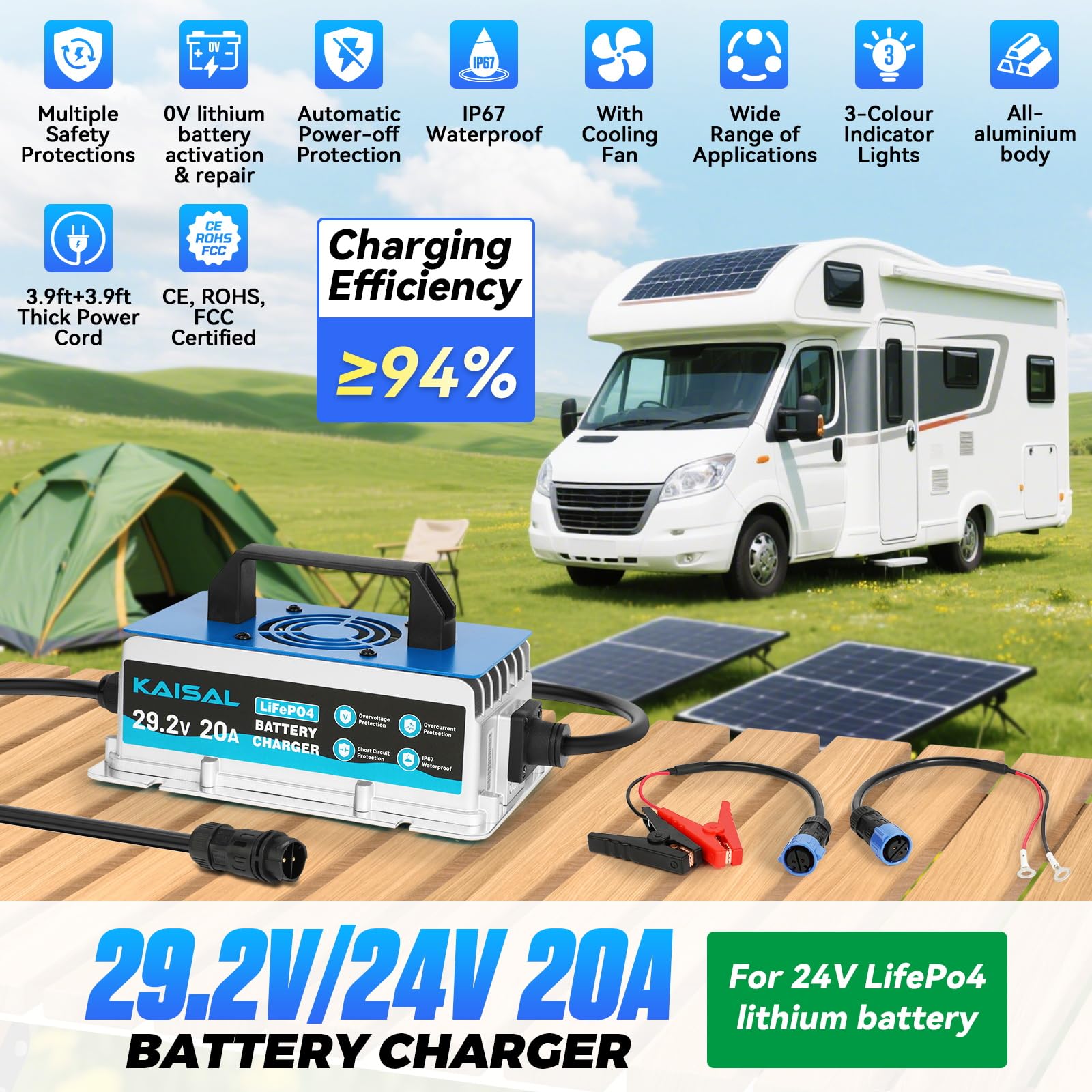 KAISAL LiFePO4 ładowarka 29,2 V 20 A LiFePO4 | Do baterii litowej 24 V/25,6 V, aktywowany 0 V, wodoszczelność IP67, 24 V litowa ładowarka do kamperów, łodzi, solarnych