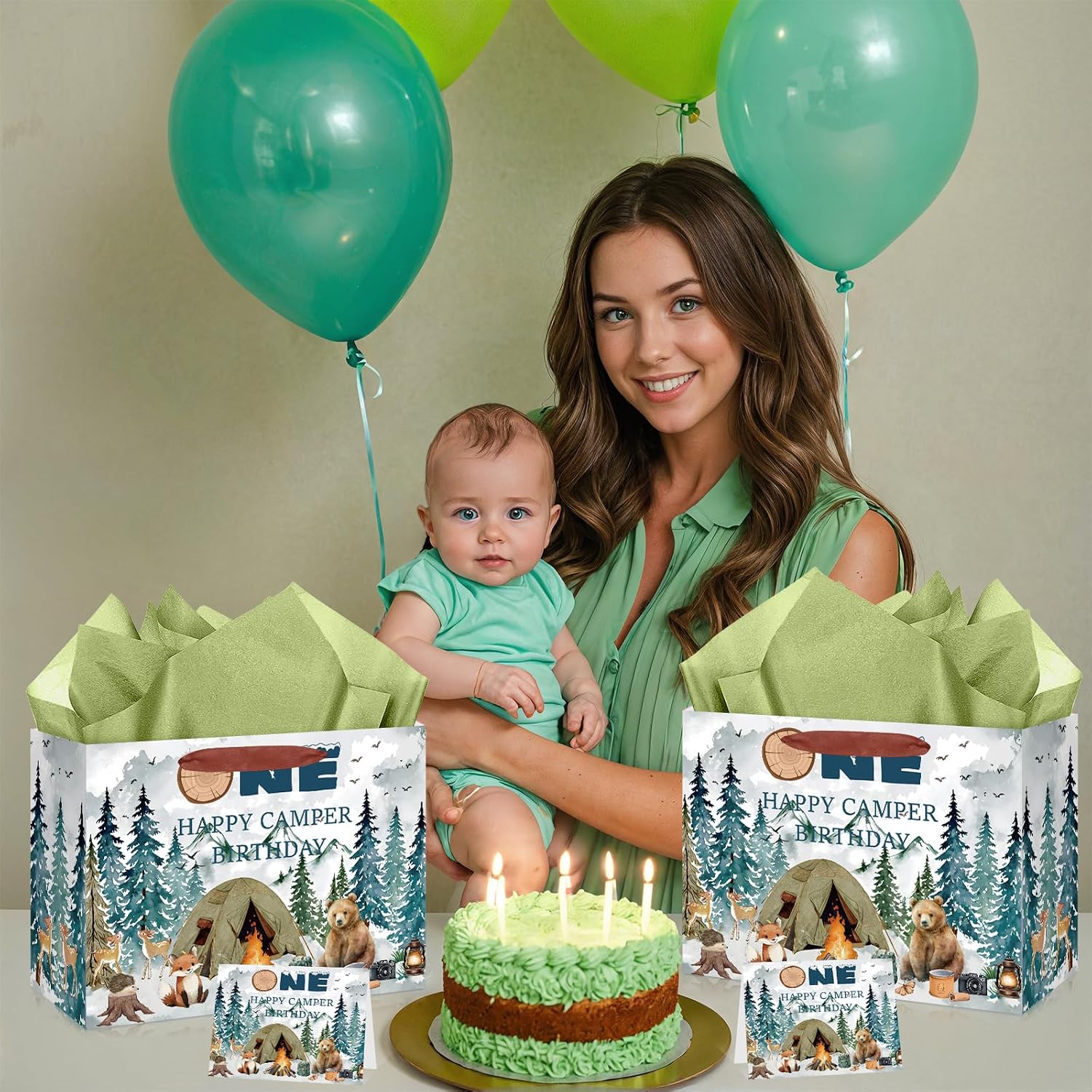 TagreSpike One Happy Camper Birthday Gift Bag Camping 1st Birthday Gift Bag with Greeting Card and Tissue Paper Forest Adventure One Gift Wrapping Bag for Boys Newborn Baby Shower 1 Year Old Party
