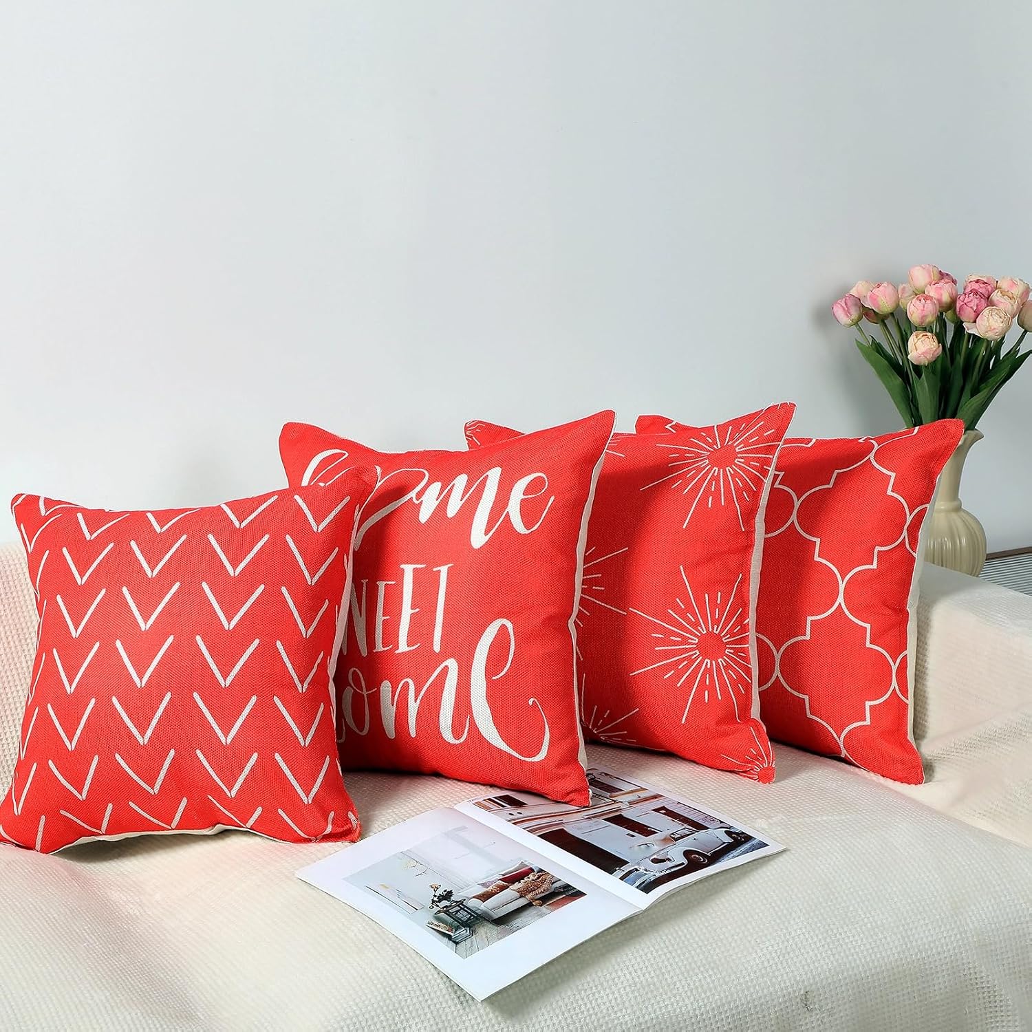 Mixweer Pillow Covers 18x18 Set of 9 Including 1 Cotton Muslin Throw Blanket and 8 Pcs Pillow Covers Decorative Square Throw Pillow Covers for Living Room Bedroom Sofa Couch(Red)