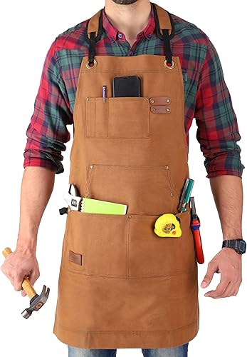 WHITEDUCK Delantal de trabajo de lona para hombre, delantal de carpintería de 24 onzas con 7 bolsillos y correas cruzadas en la espalda, taller,