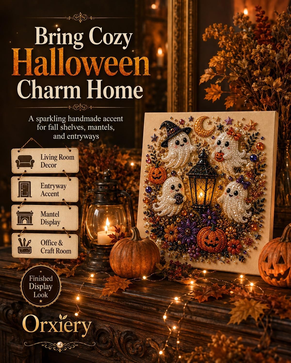 Orxiery Halloween Ghost Pearl Art DIY Kit 3D Pearl Mosaic Craft Kit with Cute Ghosts Pumpkins Lantern and Crescent Moon Beginner Friendly Craft for Adults Teens Fall Home Wall Decor Gift image 5