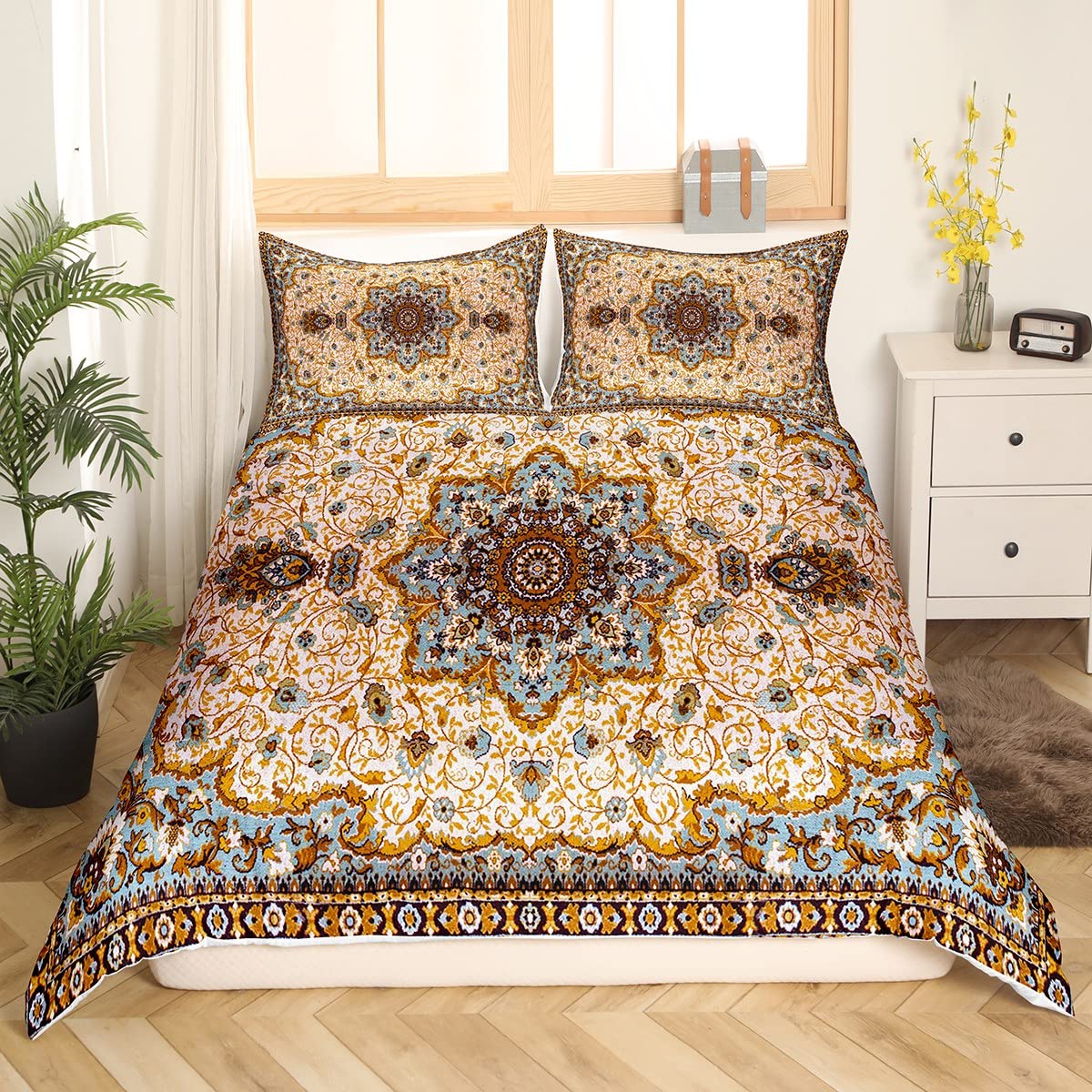 Juego de funda de edredón oriental para niñas y mujeres, funda de edredón vintage de medallón, tamaño Super King, juego de ropa de cama ultrasuave y ligera con cierre de cremallera