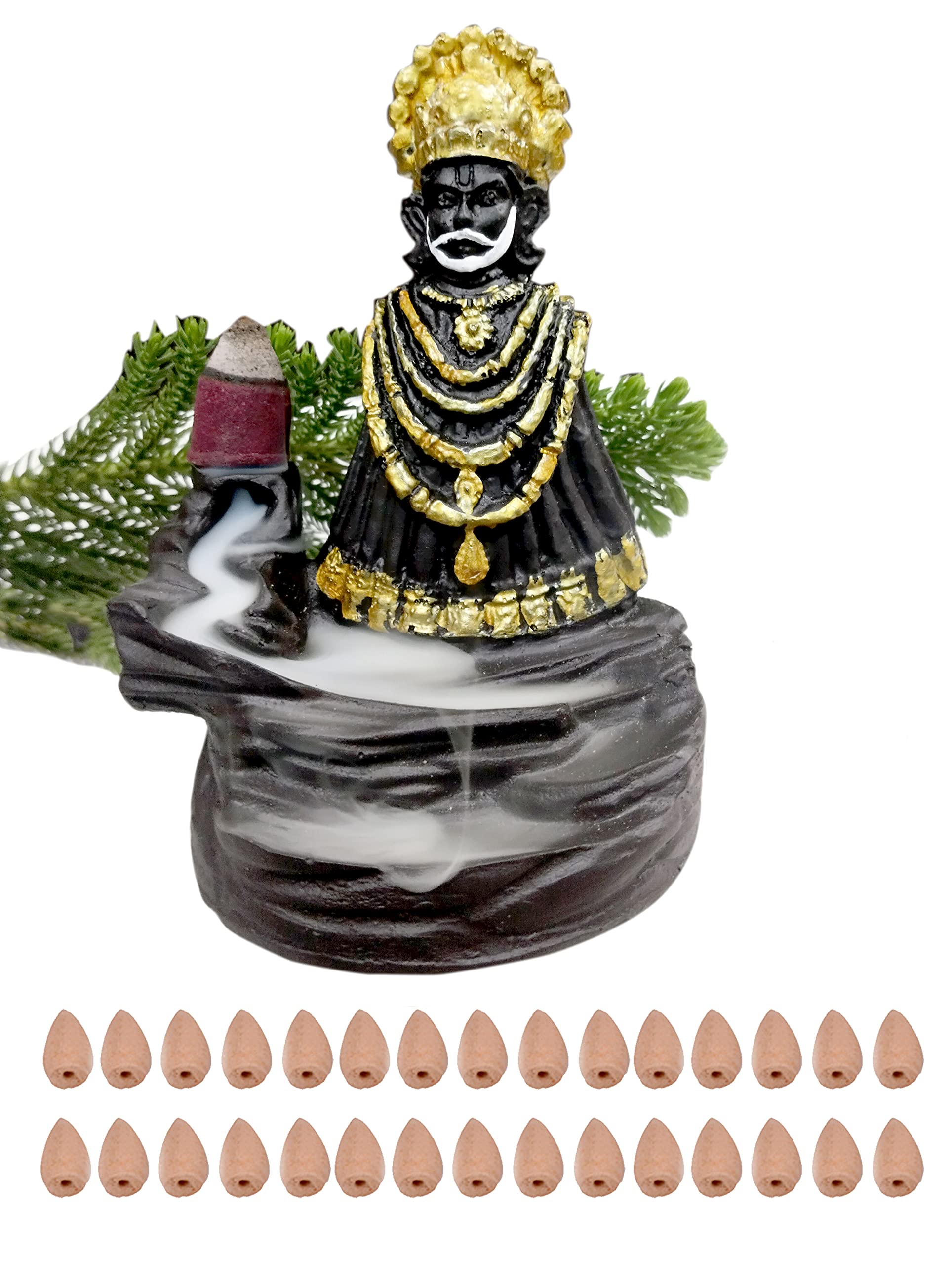 30 Cones Free with KHATU Shyam JI Murti Fountain Smoke Backflow Cone Incense Holder (12cm Height, Black & Golden) Decorative Showpiece for Home, Temple & Office