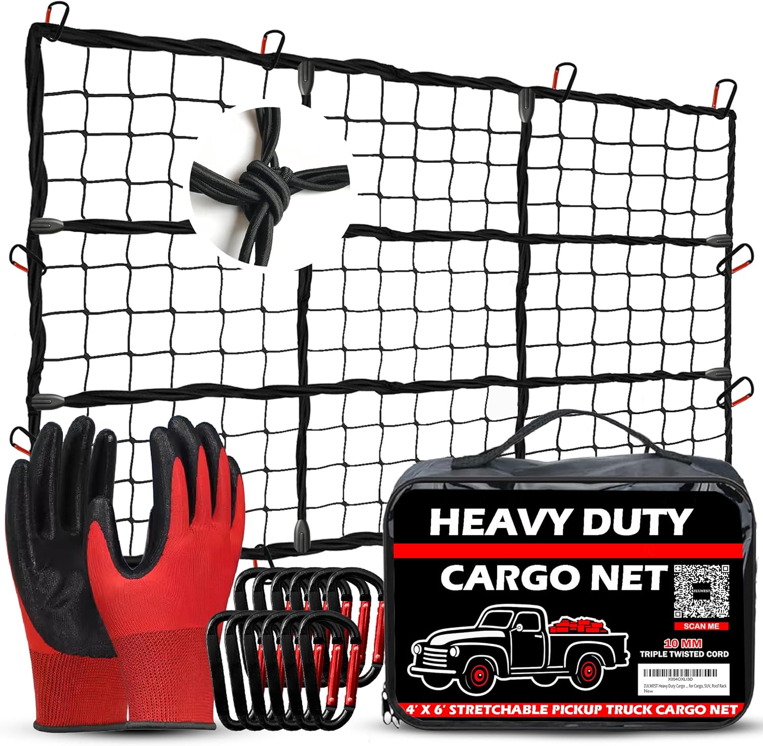 Heavy Duty Cargo Net for Pickup Truck Bed, 4x6 ft Stretches to 8x12 ft - 10mm Elastic Bungee Truck Bed Net with 12 Carabiners, Anti-Slip Gloves & Digital Guide for Trucks, SUV, Roof Rack