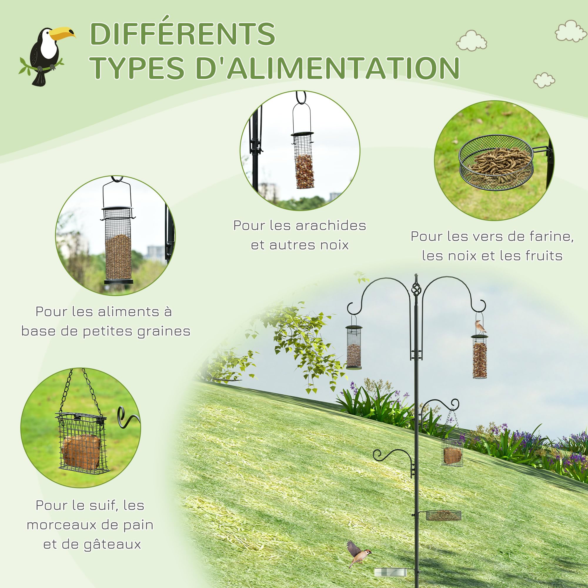 PawHut Station d'alimentation pour Oiseaux en Acier avec 4 Crochets, Mangeoir sur Pied 208H cm, Noir