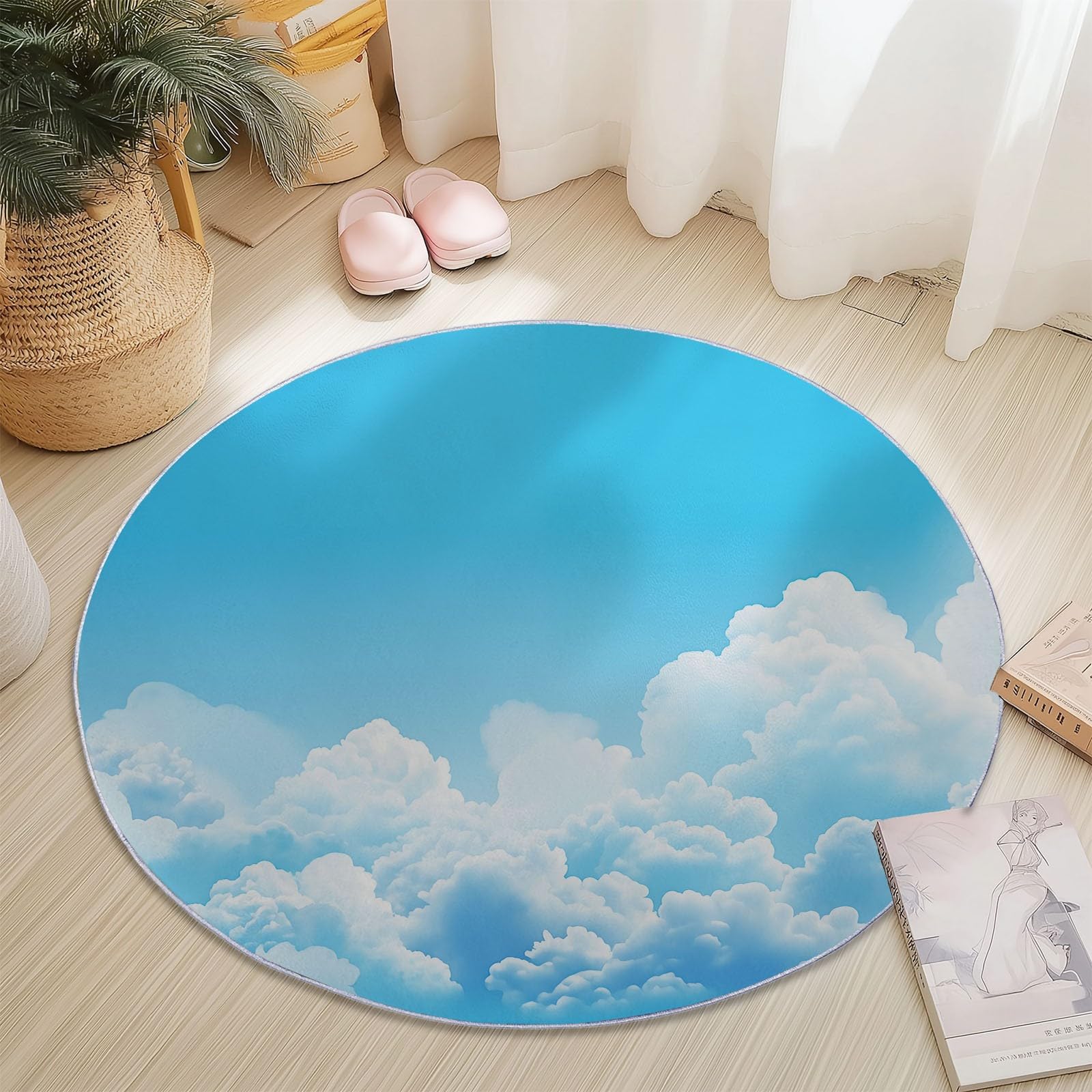 Genérico Alfombra Redonda para habitación Infantil Patrón De Nubes Blancas, Estilo De Cielo Natural Alfombra Antideslizante Suave y esponjosa para Sala de Estar, Dormitorio, Comedor, 150 cm, Azul