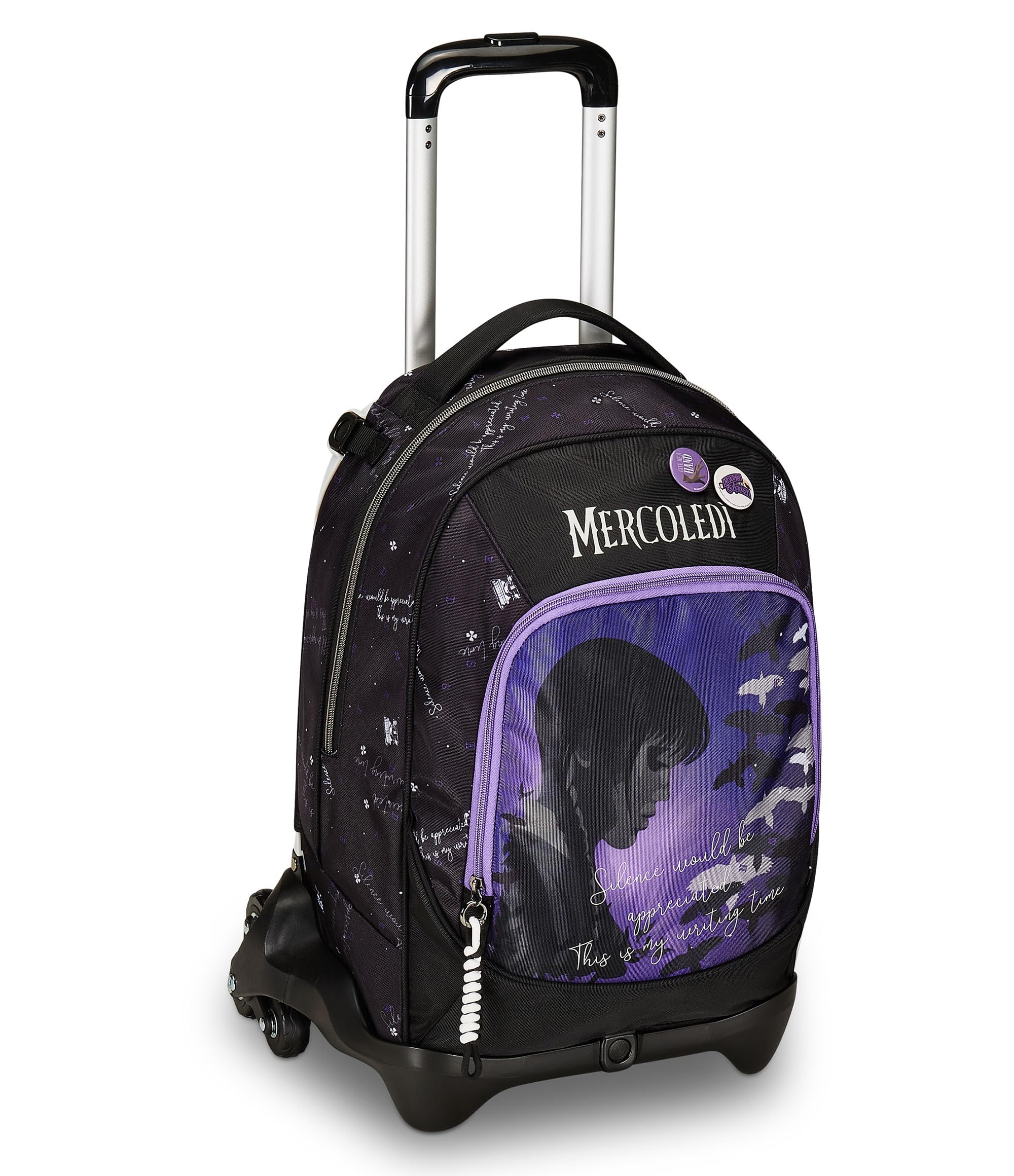 Seven Trolley Scuola Jack 3 Ruote, MERCOLEDÌ - BE THE STRANGE YOU WANT TO, Nero Viola - 3 in 1, Triplo Uso, Zaino Con Carrello Sganciabile, Tasca Porta Borraccia, Zaino Scuola Ragazza