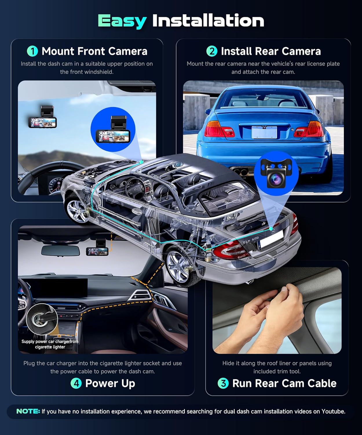 5Ghz WiFi 4K Dash Cam Front and Rear Full HD Dash Camera for Cars, Free 64GB Card, Built-in GPS/WiFi, 3.16" IPS Screen Dashcam Support App Control, G-Sensor, Night Vision, 24H Parking Mode