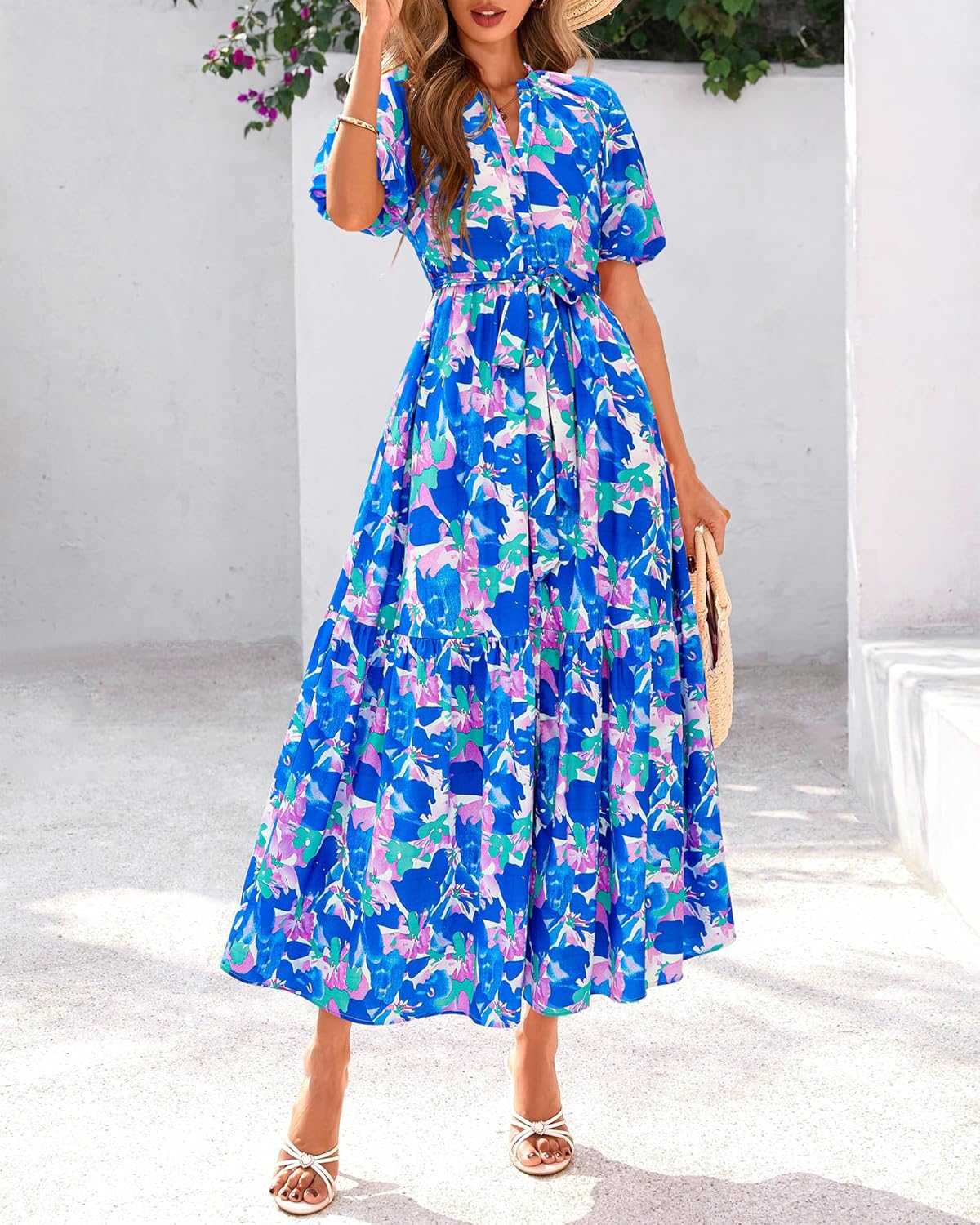 BTFBM Summer Dresses for Women 2026 Boho Short Sleeve V Neck Button Belt Flowy Spring Clothes Beach Vacation Maxi Dress - Image 6