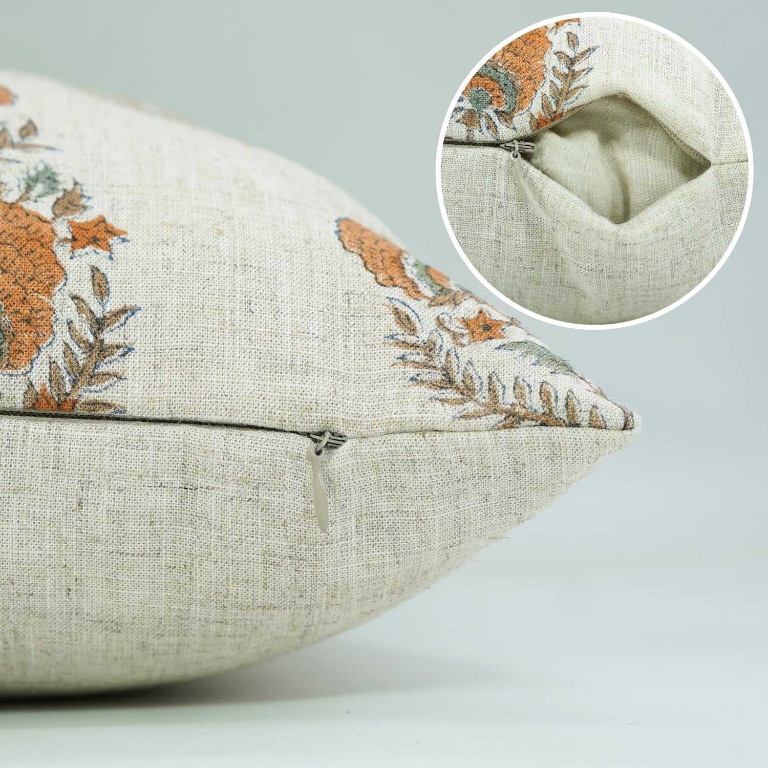 Pillow Covers Floral Hand Block Print Viscous Linen 16X16 Throw Cushion Cover, Indoor Farmhouse Pillowcase, Decorative for Sofa and Couch, Boho Home Decor, Mohini, Orange