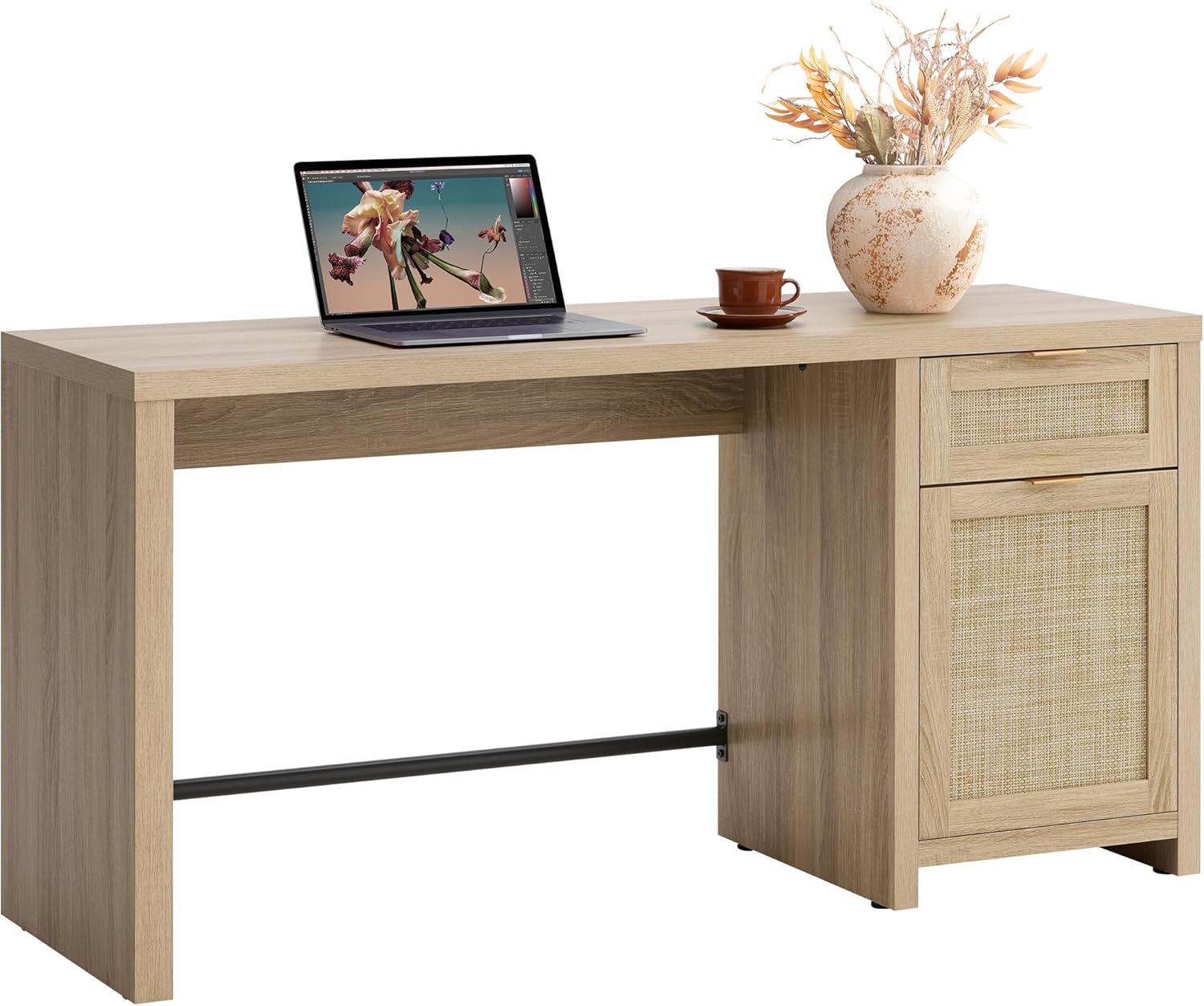 SICOTAS Rattan Home Office Desk with Drawer, 59" Farmhouse Boho Executive Desk with Storage Cabinet, Large Computer Writing Table Vanity Desk for Office, Study, Living Room, Light Oak