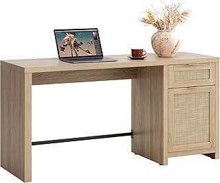 SICOTAS Rattan Home Office Desk with Drawer, 59