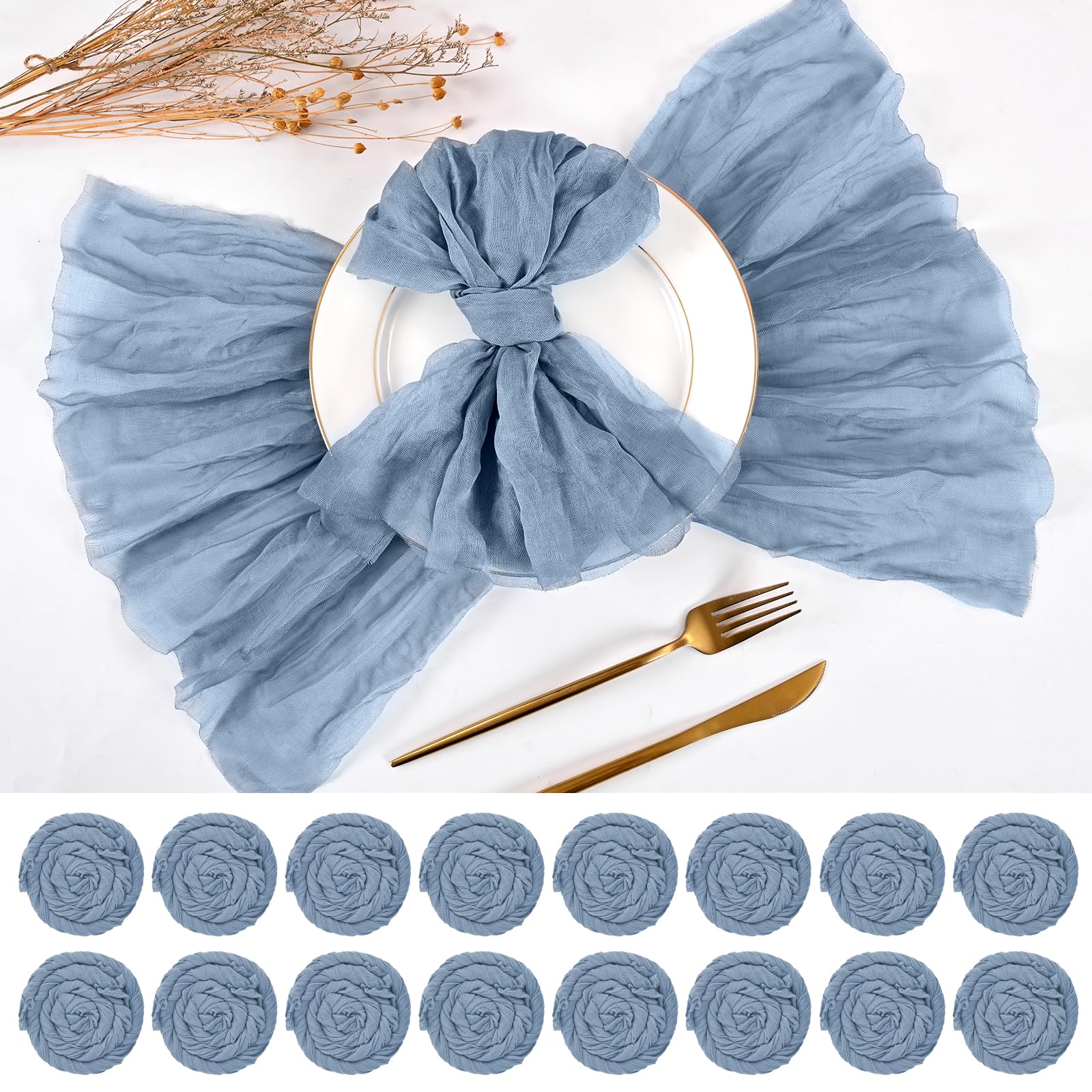 50 paquetes de servilletas de gasa de 50 x 50 cm, servilletas de tela rústicas bohemias de color azul polvoriento, servilletas de tela lavables, servilletas de mesa decorativas para bodas, cenas