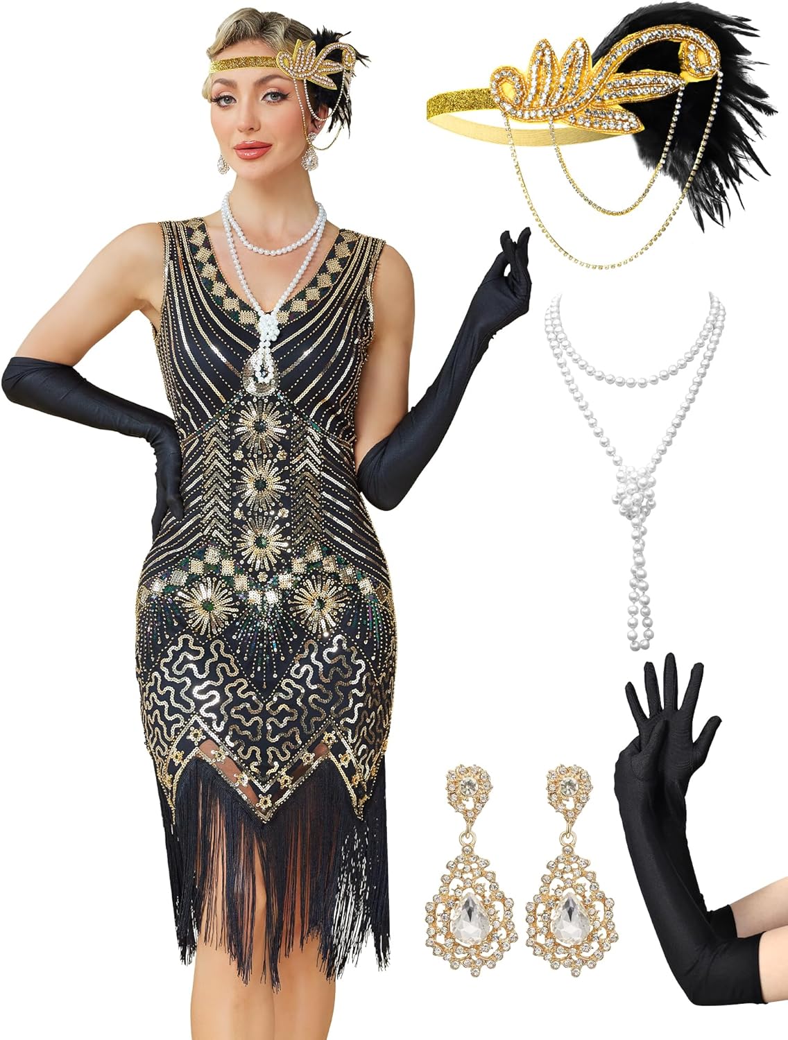 MTITE 1920s Flapper Dresses for Women, Great Gatsby Dresses Roaring 20s, Fringed Sequin Costume with Accessories Set