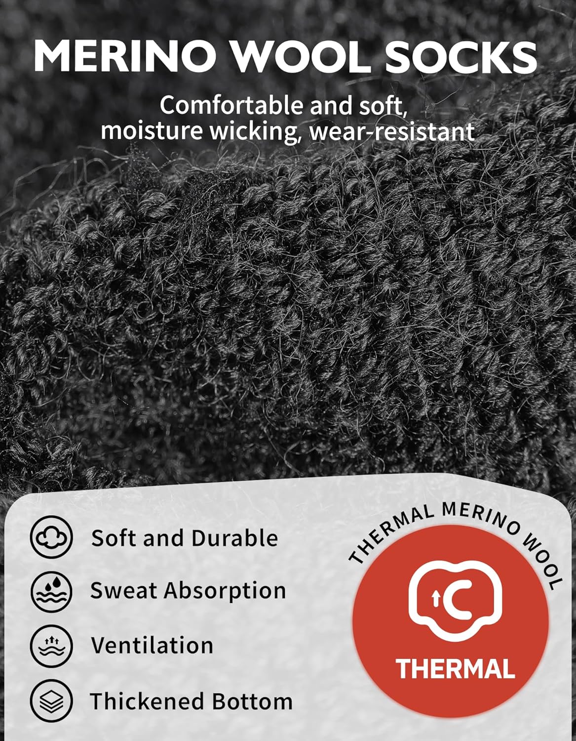 CLOSEMATE Mens Merino Wool Winter Thermal Crew Socks Cushioned Anti Blister Moisture Wicking for Hiking Sports 3 Pairs - Image 5