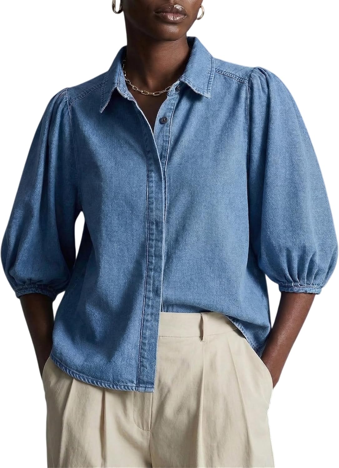 YEXPINE Women's Puff Sleeve Denim Shirt Button Down Lightweight Casual Jean Blouses