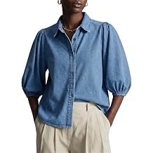 YEXPINE Women's Puff Sleeve Denim Shirt Button Down Lightweight Casual Jean Blouses