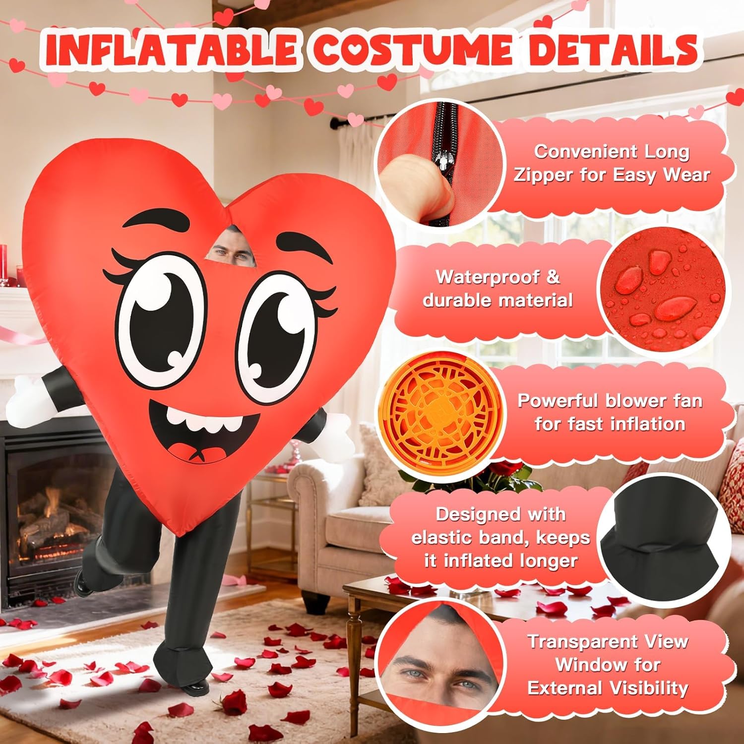 Red Love Heart Inflatable Costume Adult Funny Blow Up Valentine’s Day Outfit Wedding Party Holiday Mascot Fancy Dress