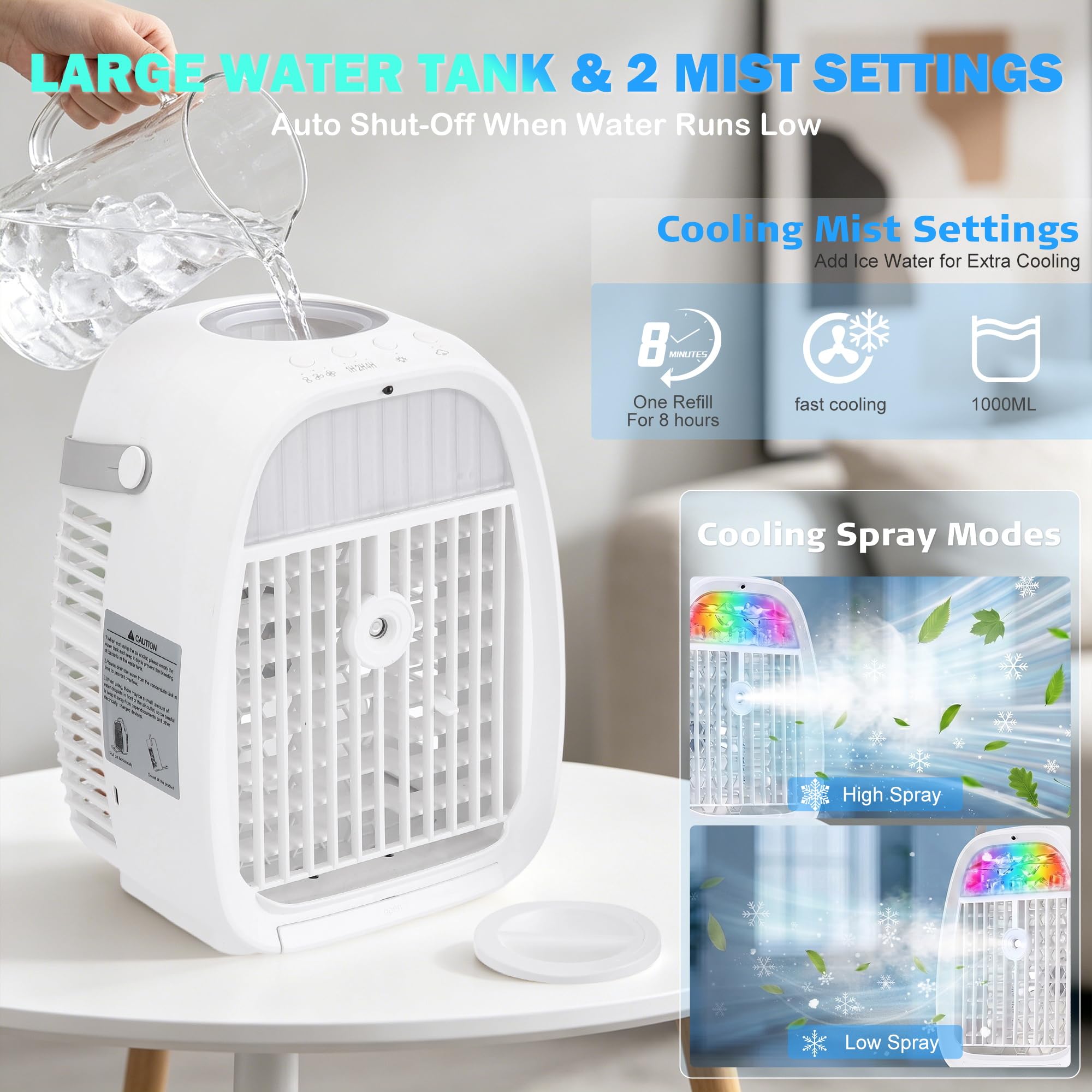 Climatiseur Mobile 1100ML, Mini Rafraîchisseur d’Air 4 en 1 avec Télécommande, Ventilateur Brumisateur USB, 2 Modes Brume, 3 Vitesses, Minuteur 1H/2H/4H, Veilleuse LED, pour Chambre Bureau Camping