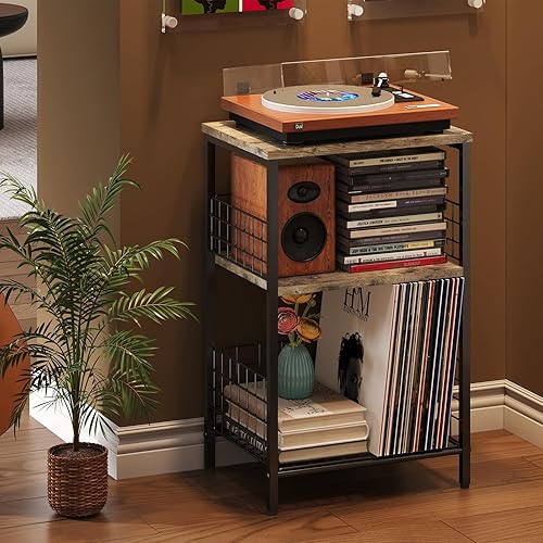 Miniatura 8 de X-cosrack Mesa auxiliar, mesa auxiliar pequeña con almacenamiento, almacenamiento de discos de vinilo, mesita de noche para sala de estar,