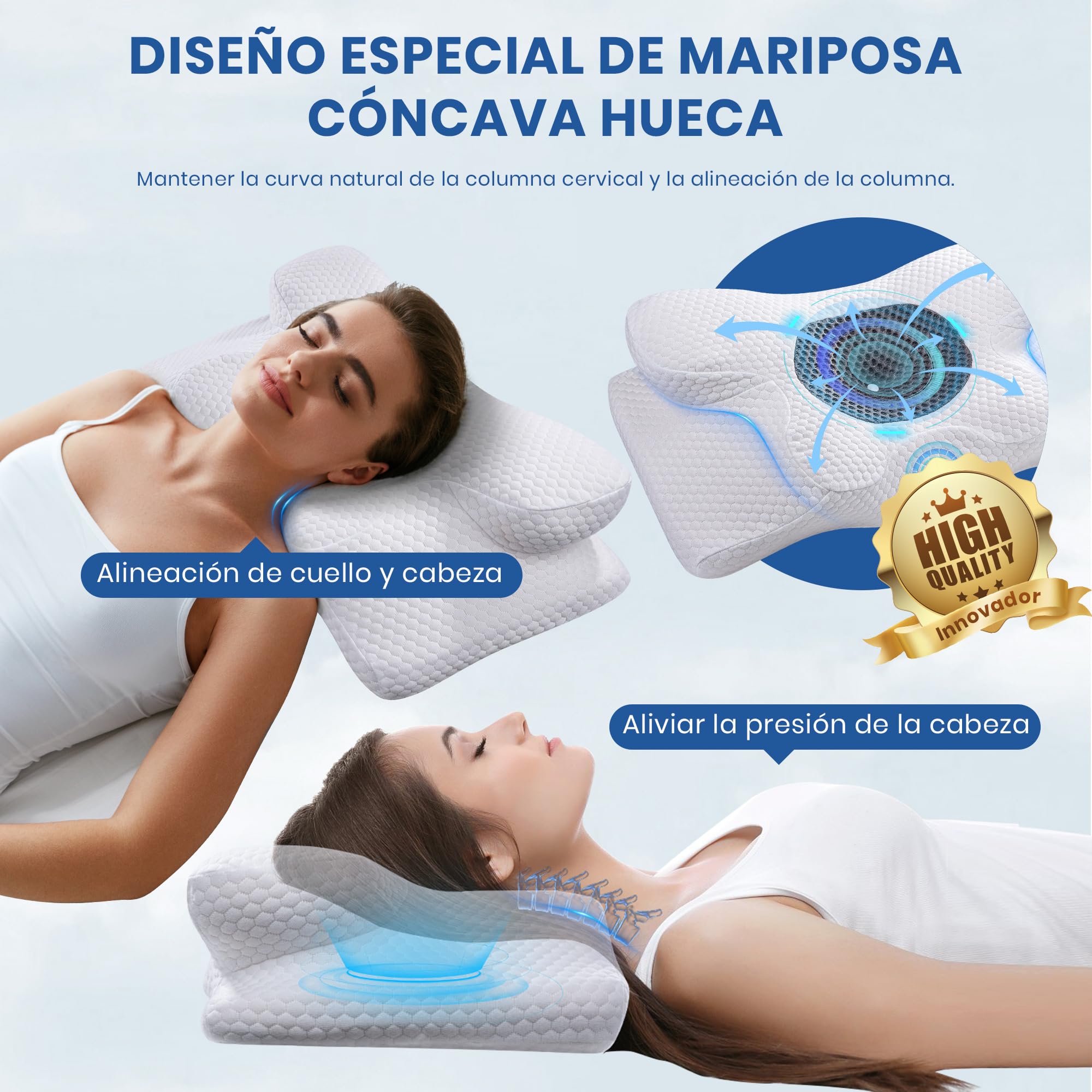 Almohada Cervical, 2 en 1 Almohada Cervical de Espuma Viscoelastica Memoria | Almohada Ortopédica Ergonómica de Soporte para el Cuello, Almohada Cervical Relajación y Alivio del Estrés, 60 x 34 x 10/13cm