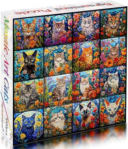 Miniatura 2 de Bgraamiens Rompecabezas de arte de mosaico de gatos, 1000 piezas, arte de vidrieras con gatos y flores, desafío de color para adultos