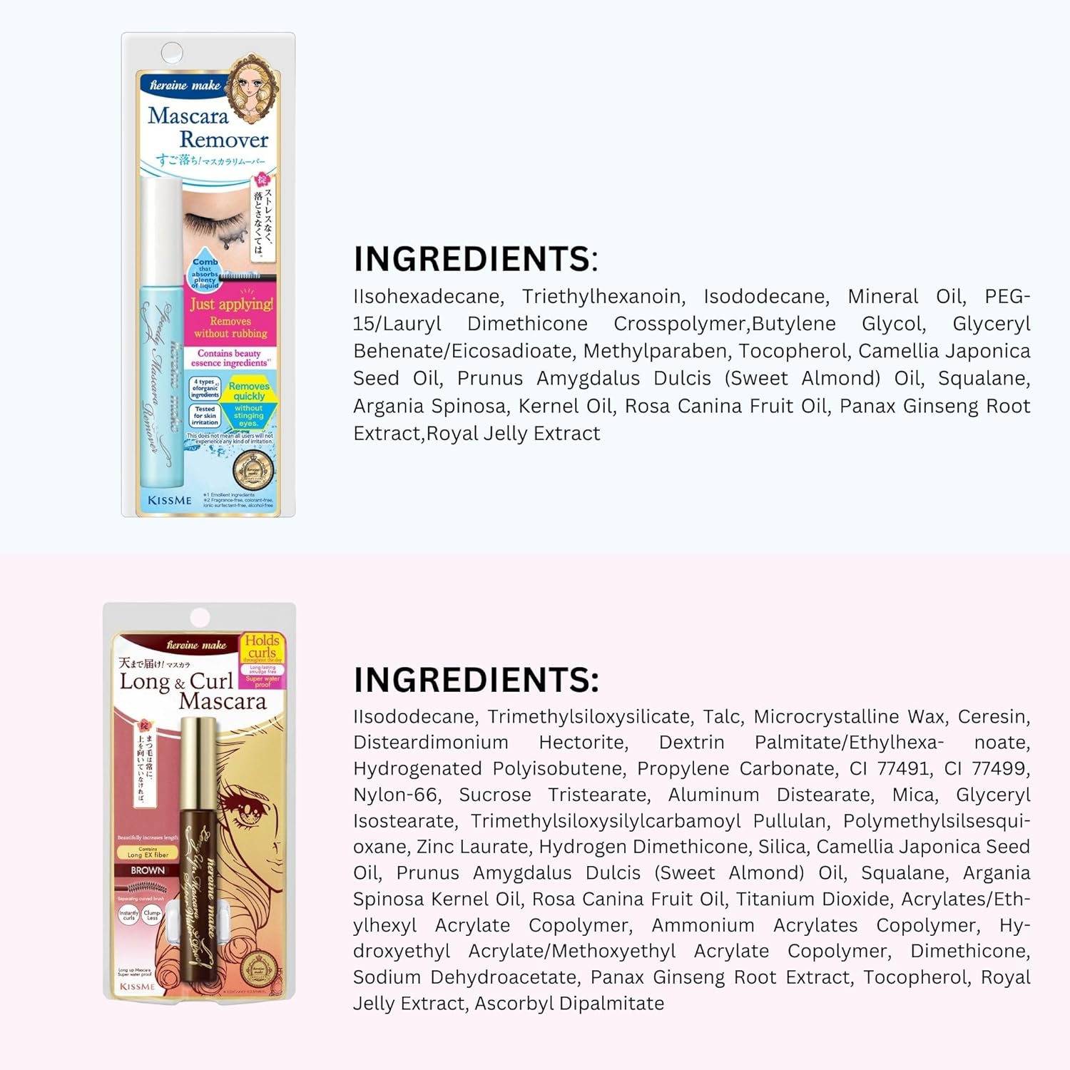 HEROINE MAKE by KISSME Brown Mascara Waterproof by Tubing Fiber for Long & Curl Eye Makeup, Volume and Length by Natural Lash Look + Gentle Mascara Remover Oil Free from Japan, 2 Set