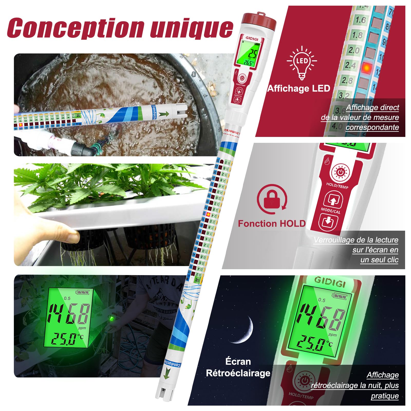 GIDIG Testeur de Nutriments PPM Meter Hydroponics TDS Meter Testeur D'eau Numérique (EC/PPM500/PPM700/CF) Compteur Hydroponique avec Indicateur S'applique à DWC de Testeur de Conductivité