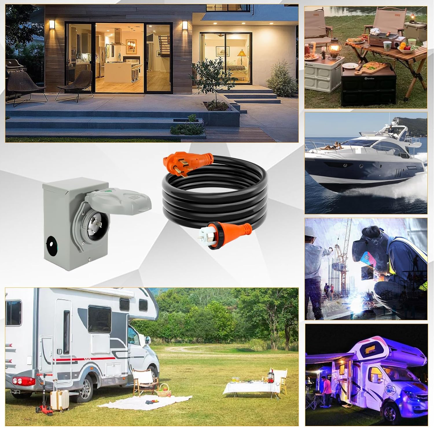 50 Amp Generator Cord 10FT and Power Inlet Box (Pre-Drilled),50 Amp, 125/250 Volts, NEMA 14-50P to SS2-50R Generator Cord Waterproof Combo Kit, ETL Listed, Wire Gauge: STW 6/3 + 8/1 AWG