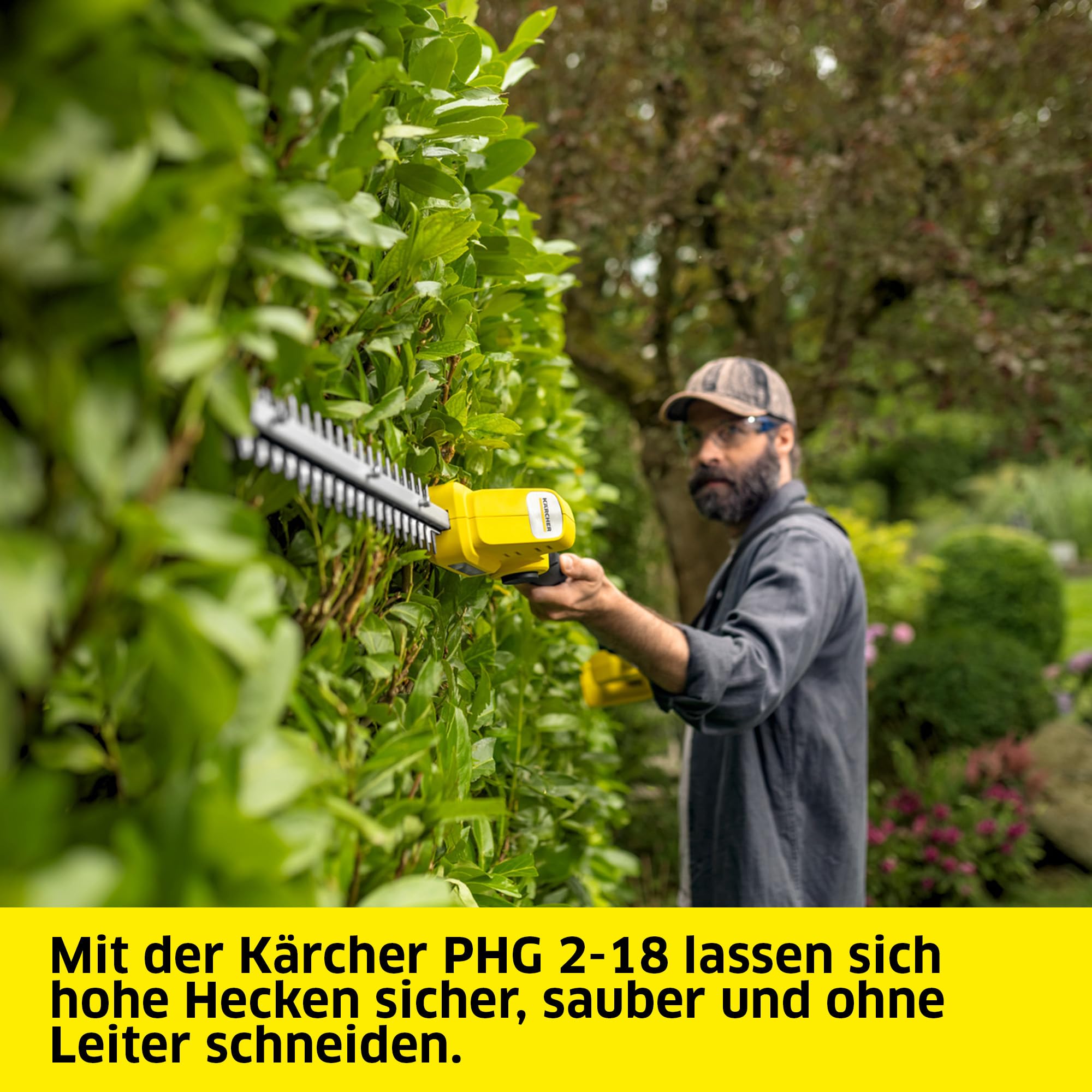 Kärcher Akku‑Teleskop‑Heckenschere PHG 2-18, hohe Hecken bis zu 2,80 m, Schnittlänge: 45 cm, Schultergurt, Gewicht: 2,7 kg, verwendbar mit dem Kärcher 18-V-Akku, ohne Akku und Ladegerät
