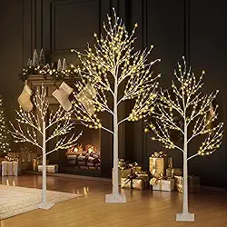 HUGROVE Árvore de Natal iluminada, árvore de Natal branca cintilante de 1,5 m com LED, branco quente, galhos ajustáveis, luzes artificiais de bétula com temporizador, uso interno e externo e de Natal