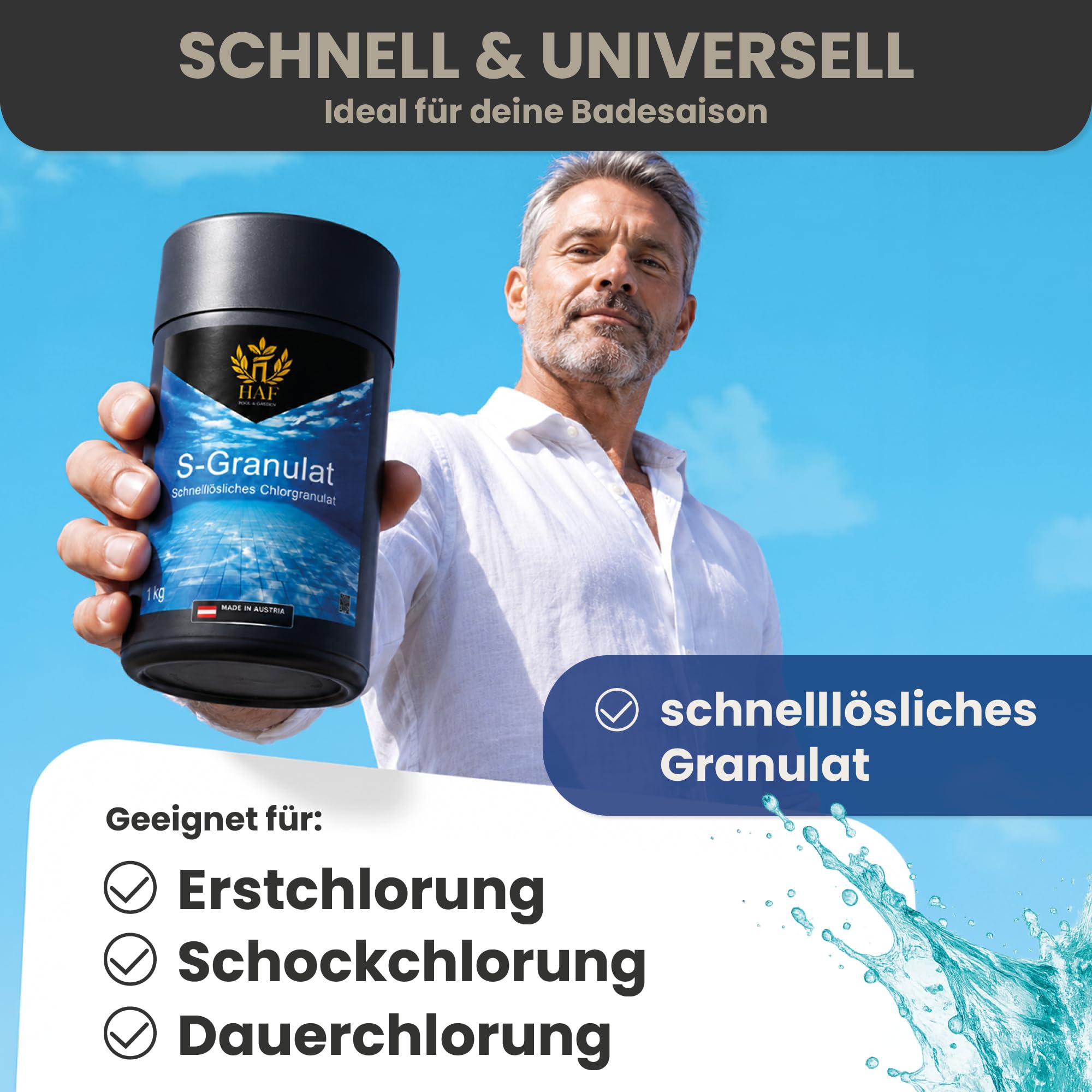 HAF Chlorgranulat für Pool & Schwimmbad (2 x 5 kg Eimer) – schnelllösliches S-Granulat zur Schockchlorung, Stoßchlorung & Dauerchlorung – schnelle Pool Desinfektion & klares Wasser – Made in Austria