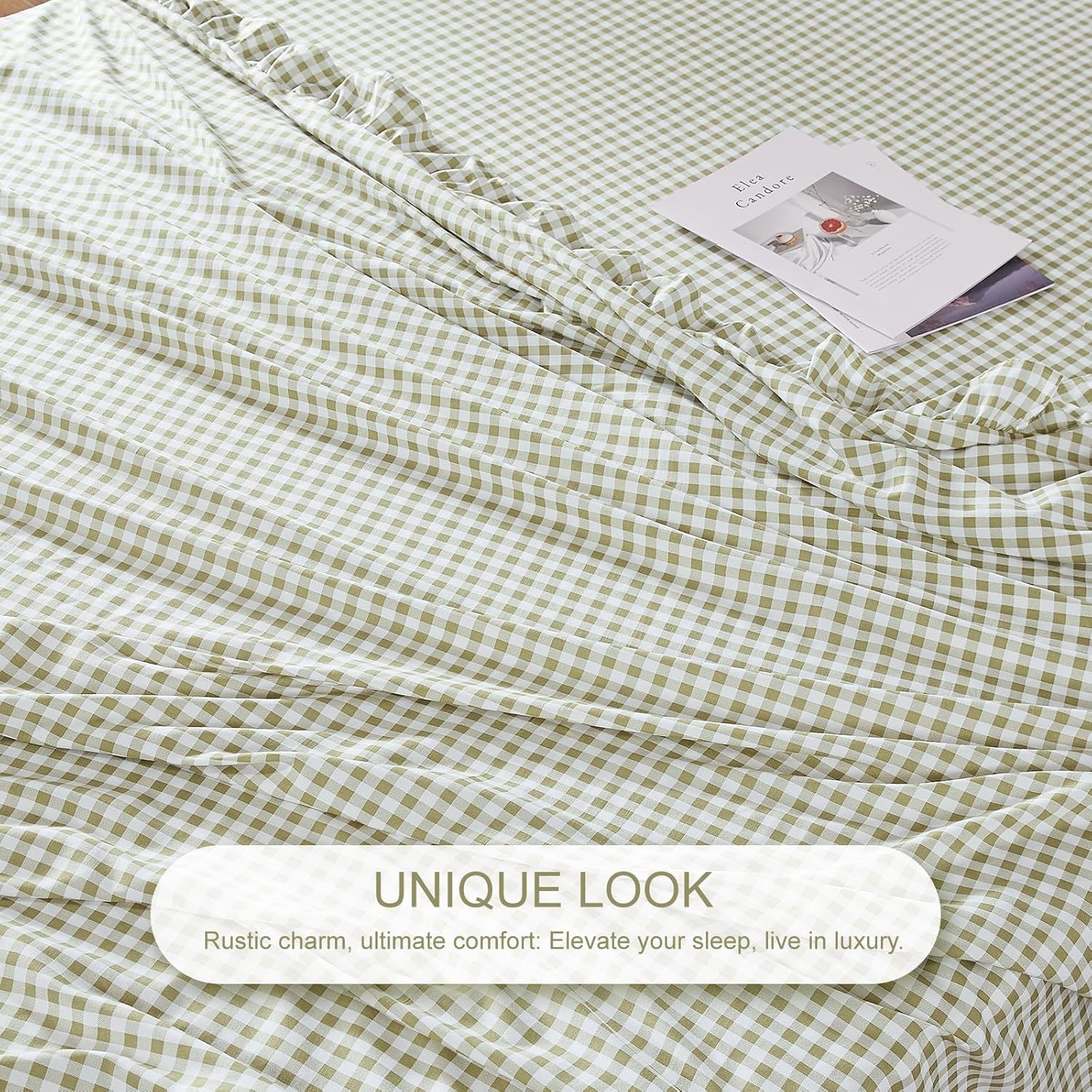 Gingham Full Sheet Set, Lightweight Super Soft Brushed Microfiber Plaid Bed Sheets with 16" Deep Pocket, 4 Piece Ruffle Farmhouse Bedroom Decor, Sage Green - Image 6