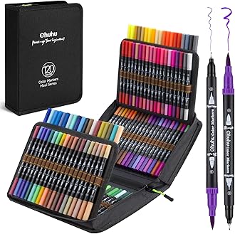Colouring Pens: 120 Colours Dual Tips Brush Pens Water-Based Art Markers Set for Adults Colouring Book Drawing Sketching, Non-Bleeding - Maui - Black Carrying Bag