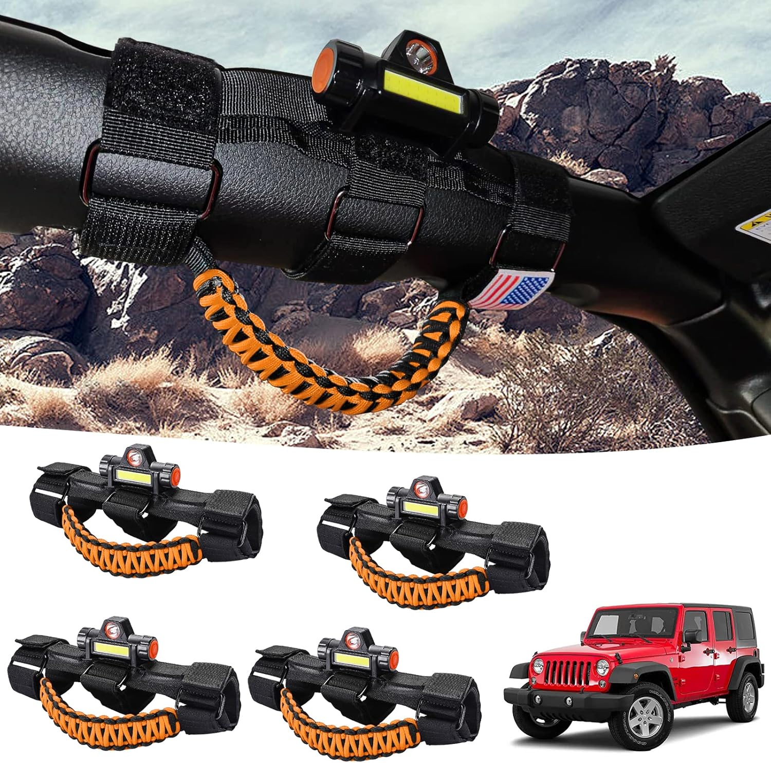 GAIZON 4 Pack Grab Handles Roll Bar Paracord for Jeep Wrangler Accessories Sahara Freedom Rubicon CJ YJ TJ JL JK LJ JLU JKU,Gladiator JT 1955-2023 Interior Accessory,Grip Handle with LED Light(Orange)