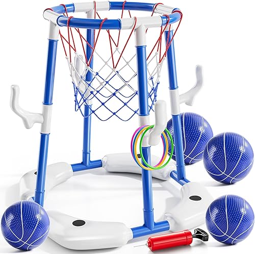 Aro de baloncesto para piscina, juego de anillos flotantes 2 en 1 con 4 bolas y bomba, piscina al aire libre, juegos de baloncesto, juguete