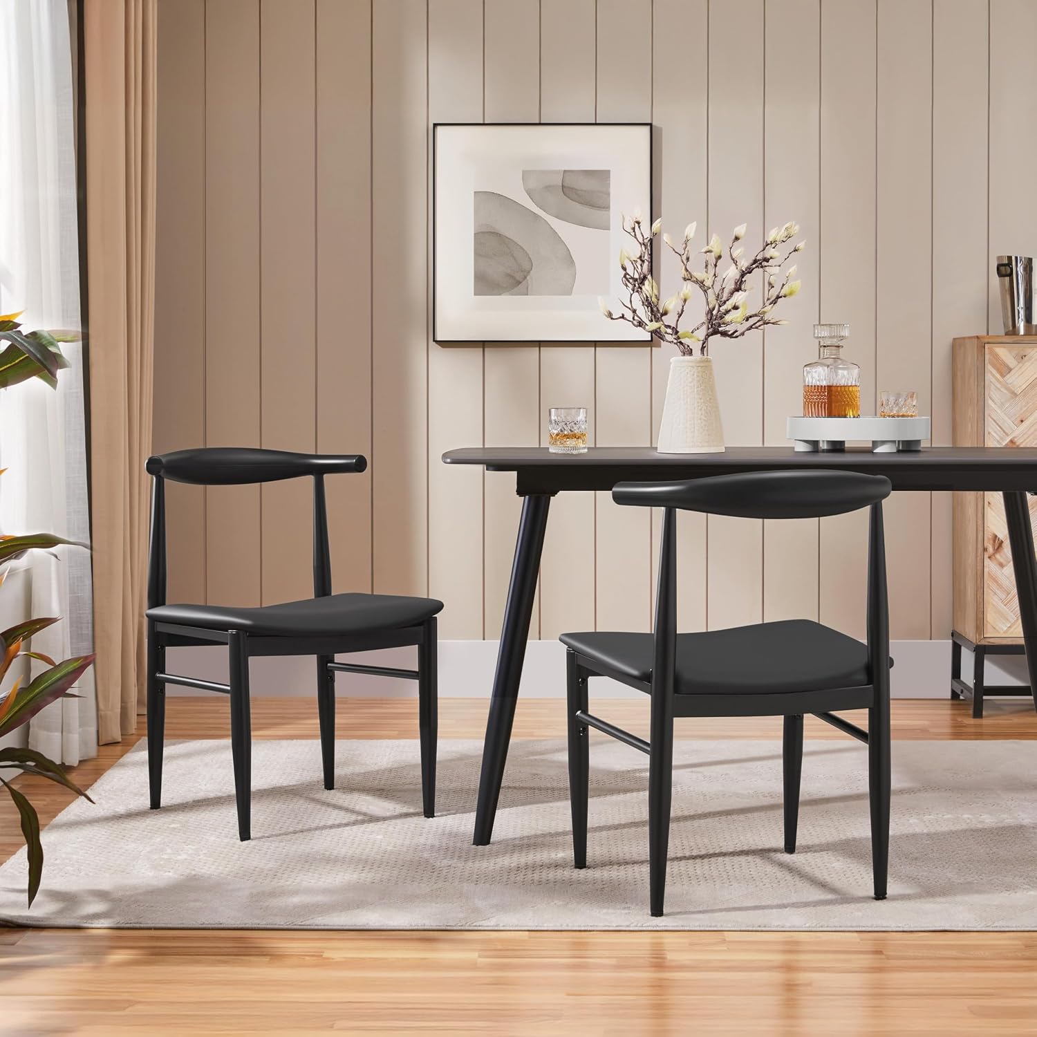 Yaheetech Dining Chairs Set of 2 Mid Century Modern Leather Dining Room Chairs with Armless Backrest & Metal Legs for Kitchen, Living Room, Black