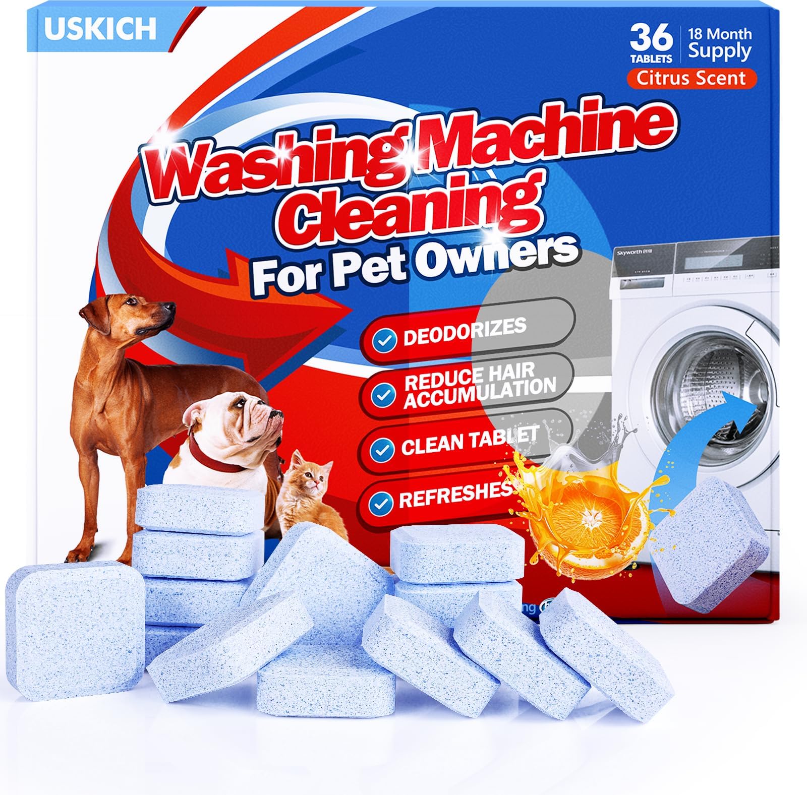 Washing Machine Cleaner-36Pack-18 Month Supply,Washer Machine Cleaner Tablets Formulated For Pet Owners,Easy Pet Hair Remover for Laundry,Compatible with HE, Top & Front Load Washer.Septic Safe