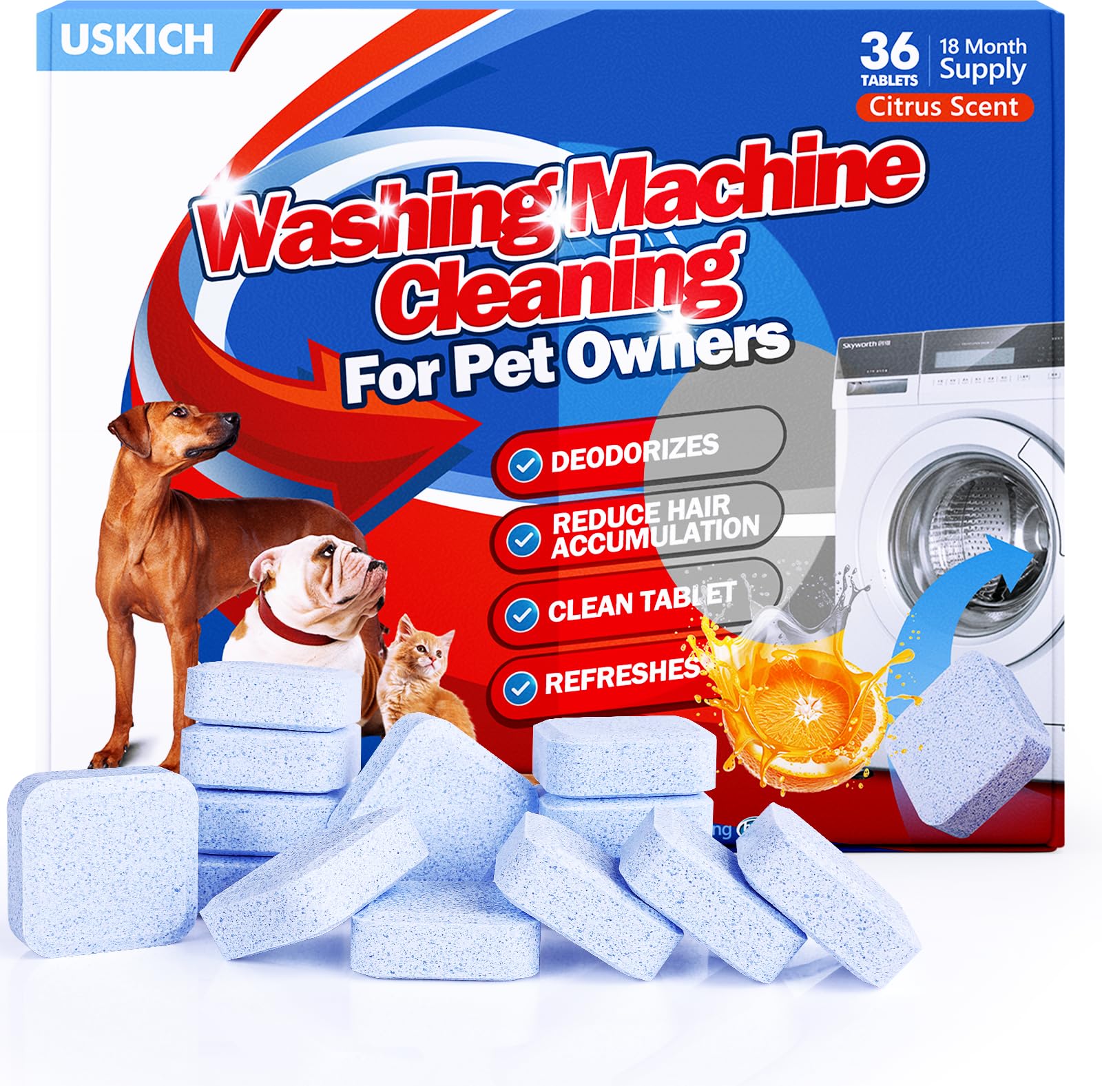 Washing Machine Cleaner-36Pack-18 Month Supply,Washer Machine Cleaner Tablets Formulated For Pet Owners,Easy Pet Hair Remover for Laundry,Compatible with HE, Top & Front Load Washer.Septic SafeCompact by Design (Amazon-developed Certification)
